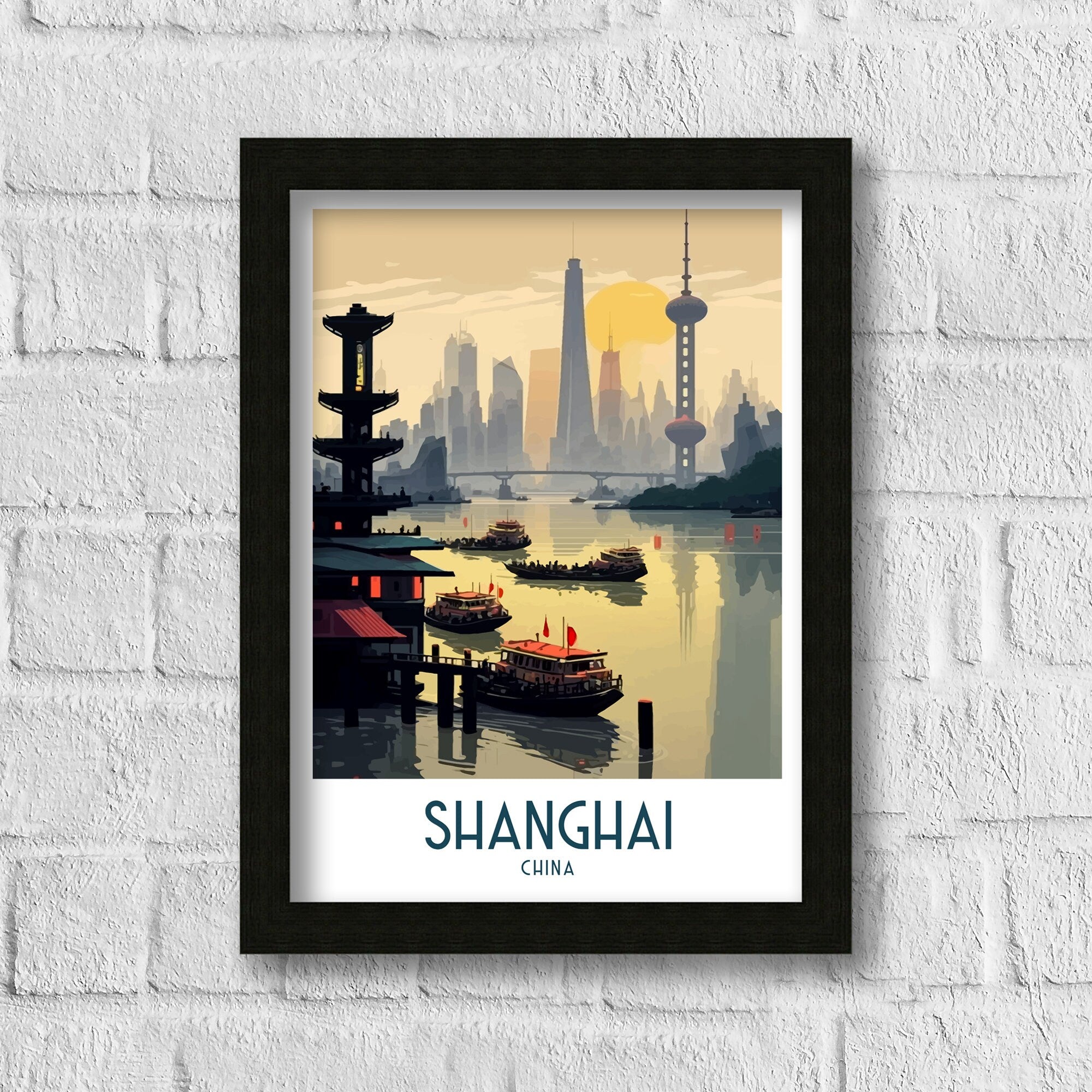 Shanghai China Travel Poster | Architectural Cityscape Art Print