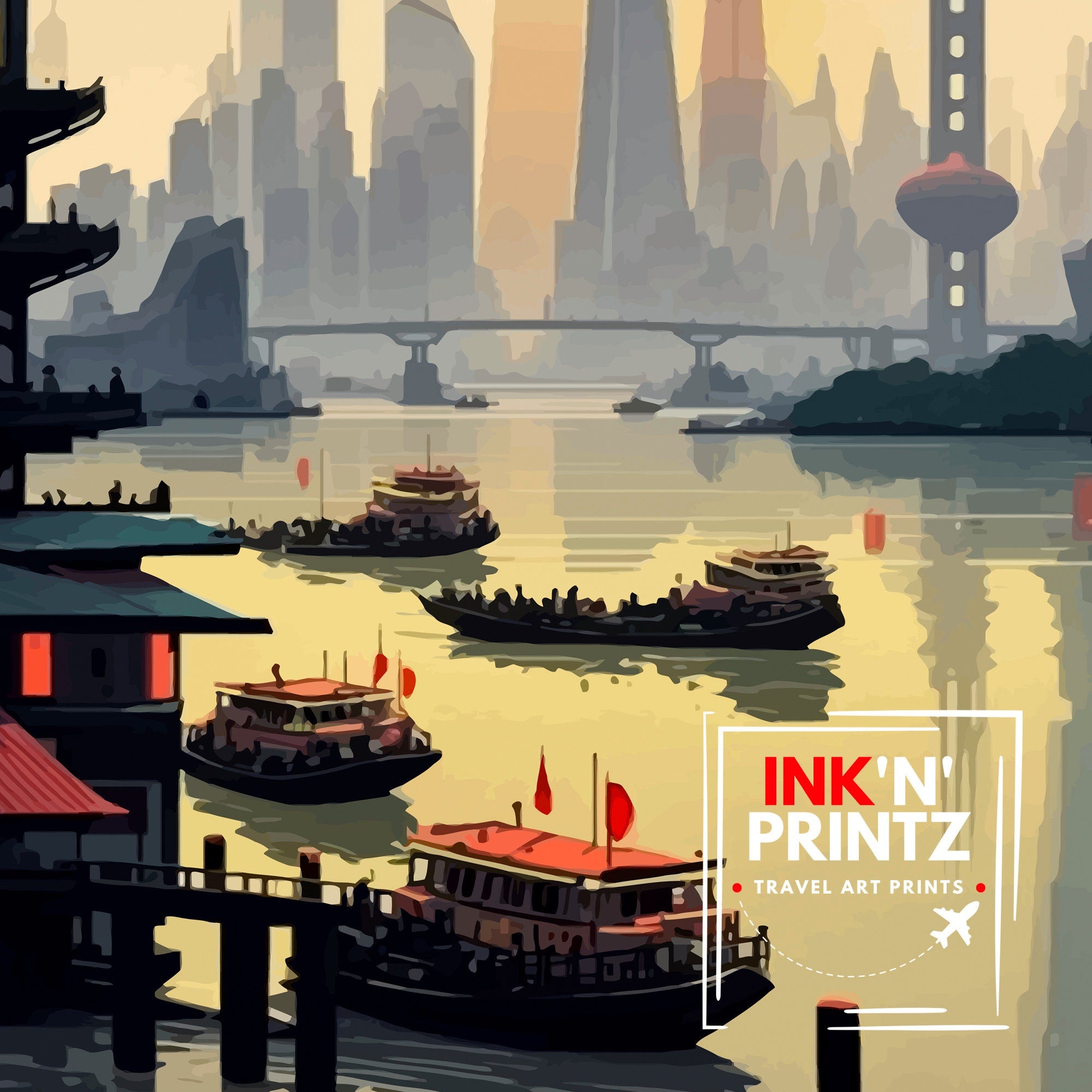 Shanghai China Travel Poster | Architectural Cityscape Art Print