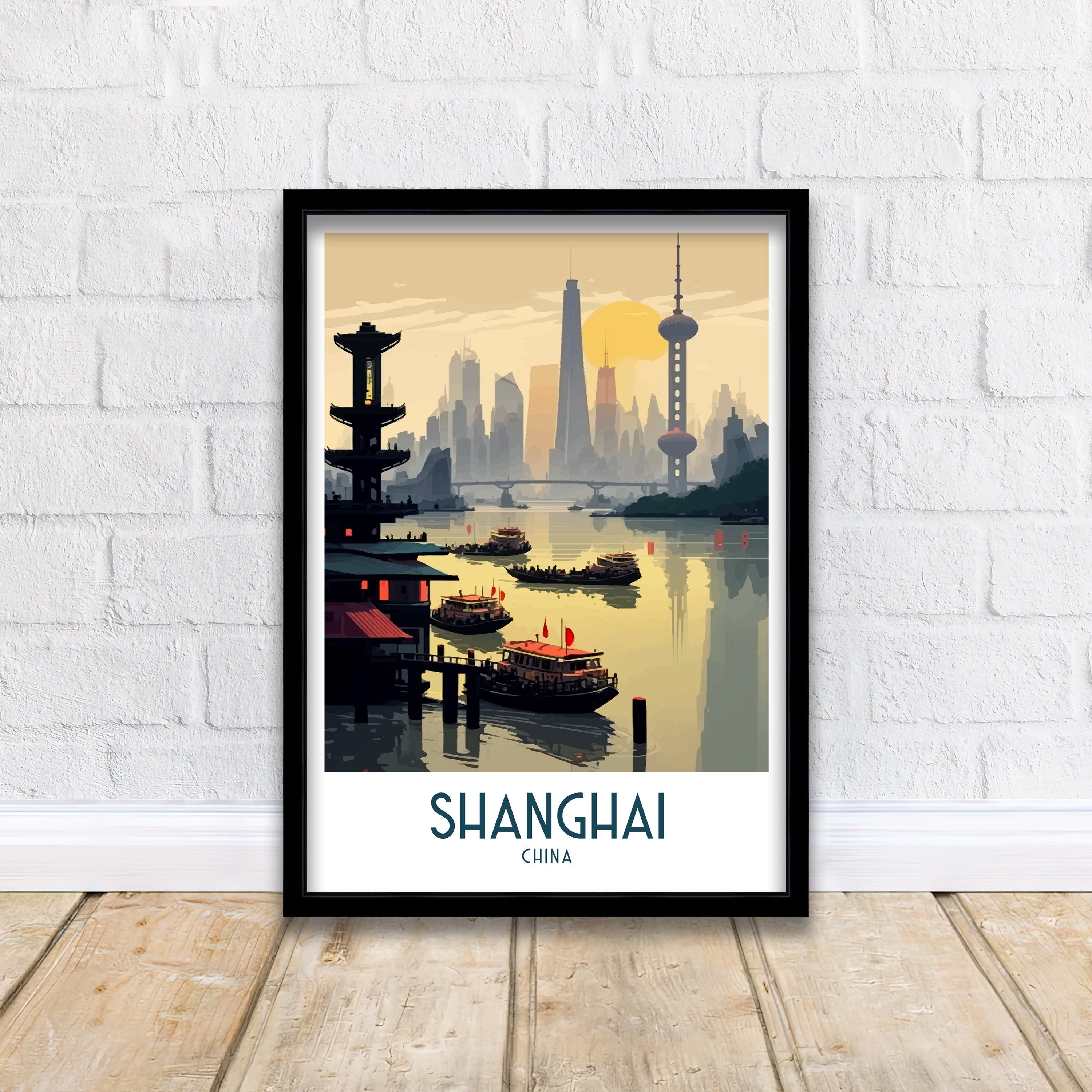 Shanghai China Travel Poster | Architectural Cityscape Art Print