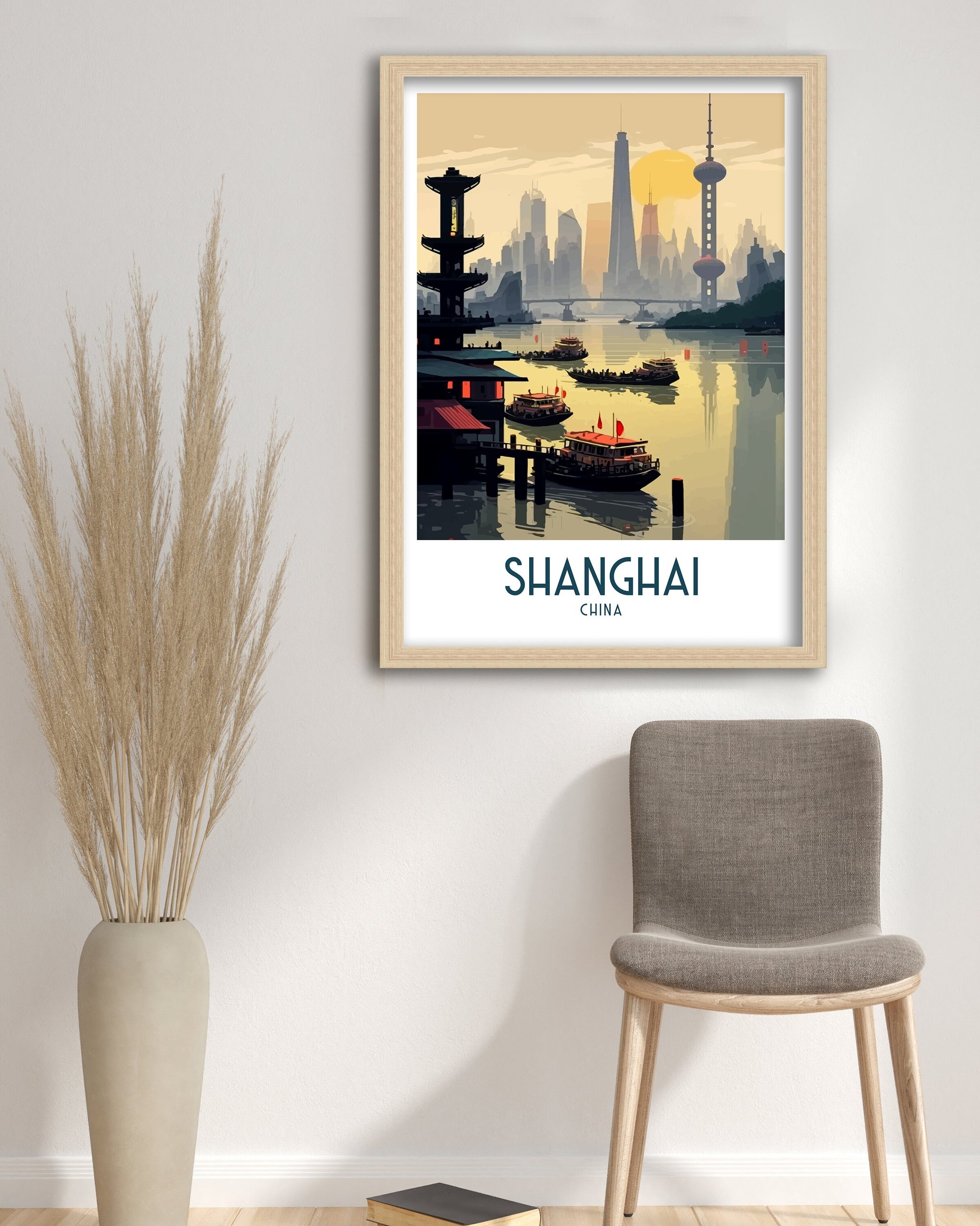 Shanghai China Travel Poster | Architectural Cityscape Art Print