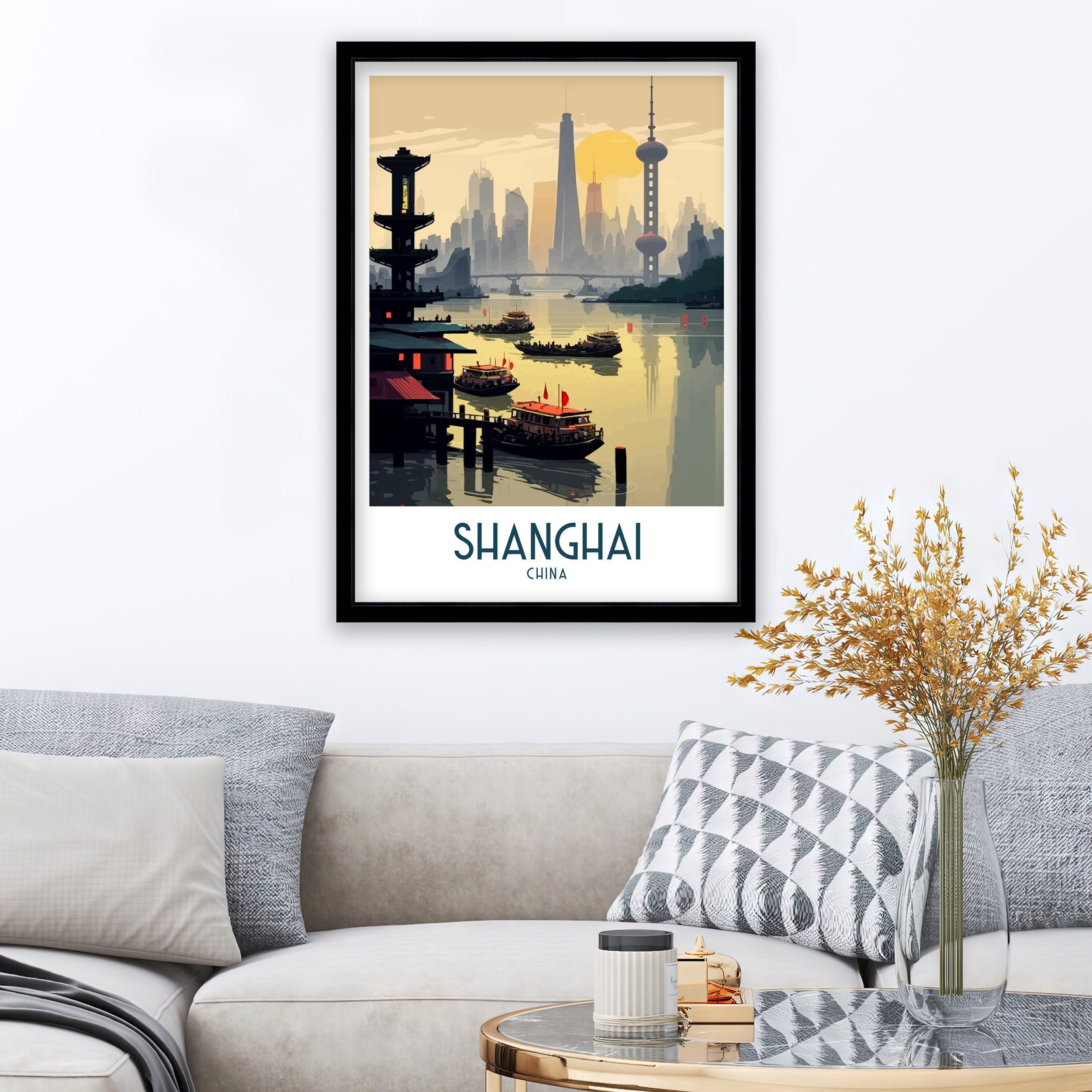 Shanghai China Travel Poster | Architectural Cityscape Art Print