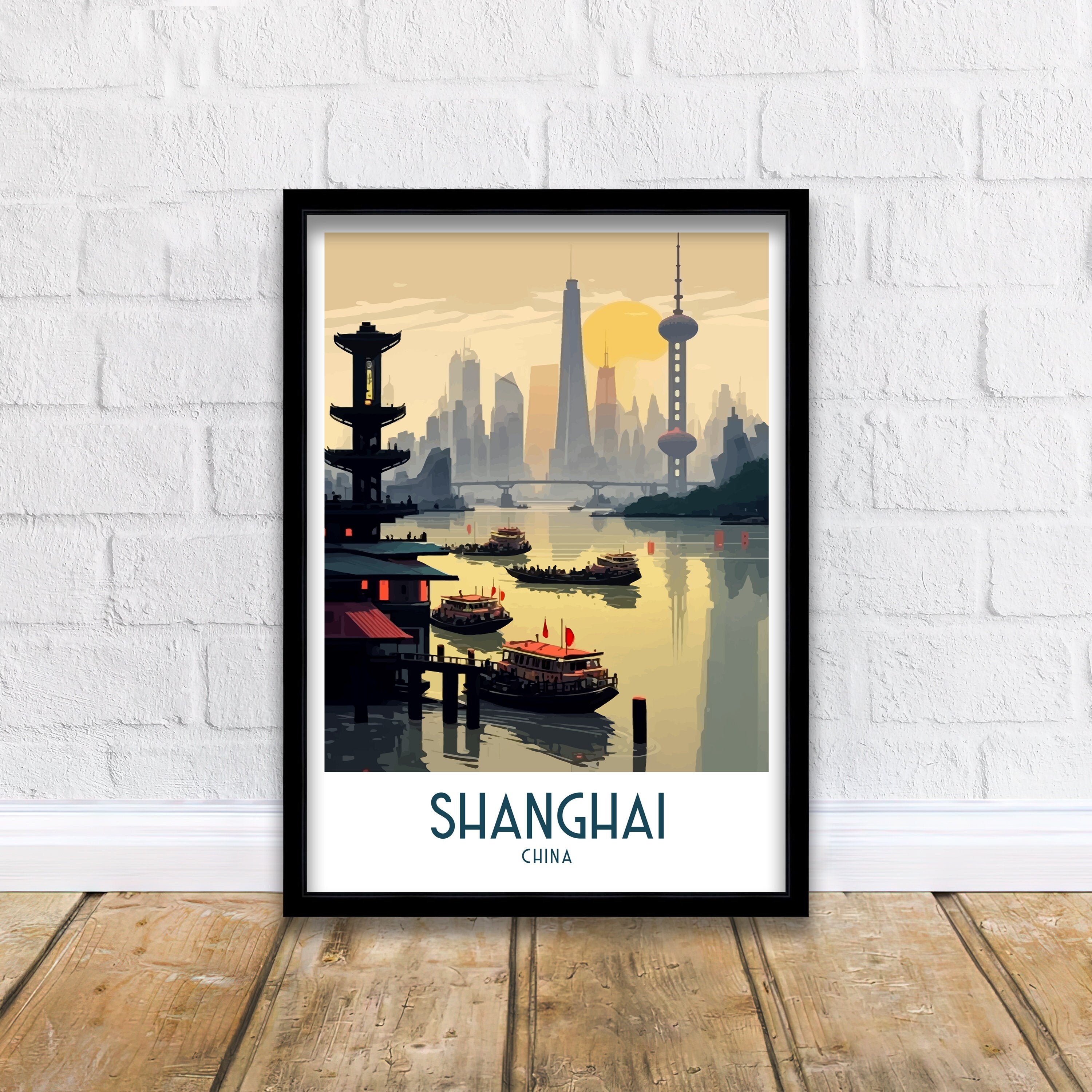 Shanghai China Travel Poster | Architectural Cityscape Art Print