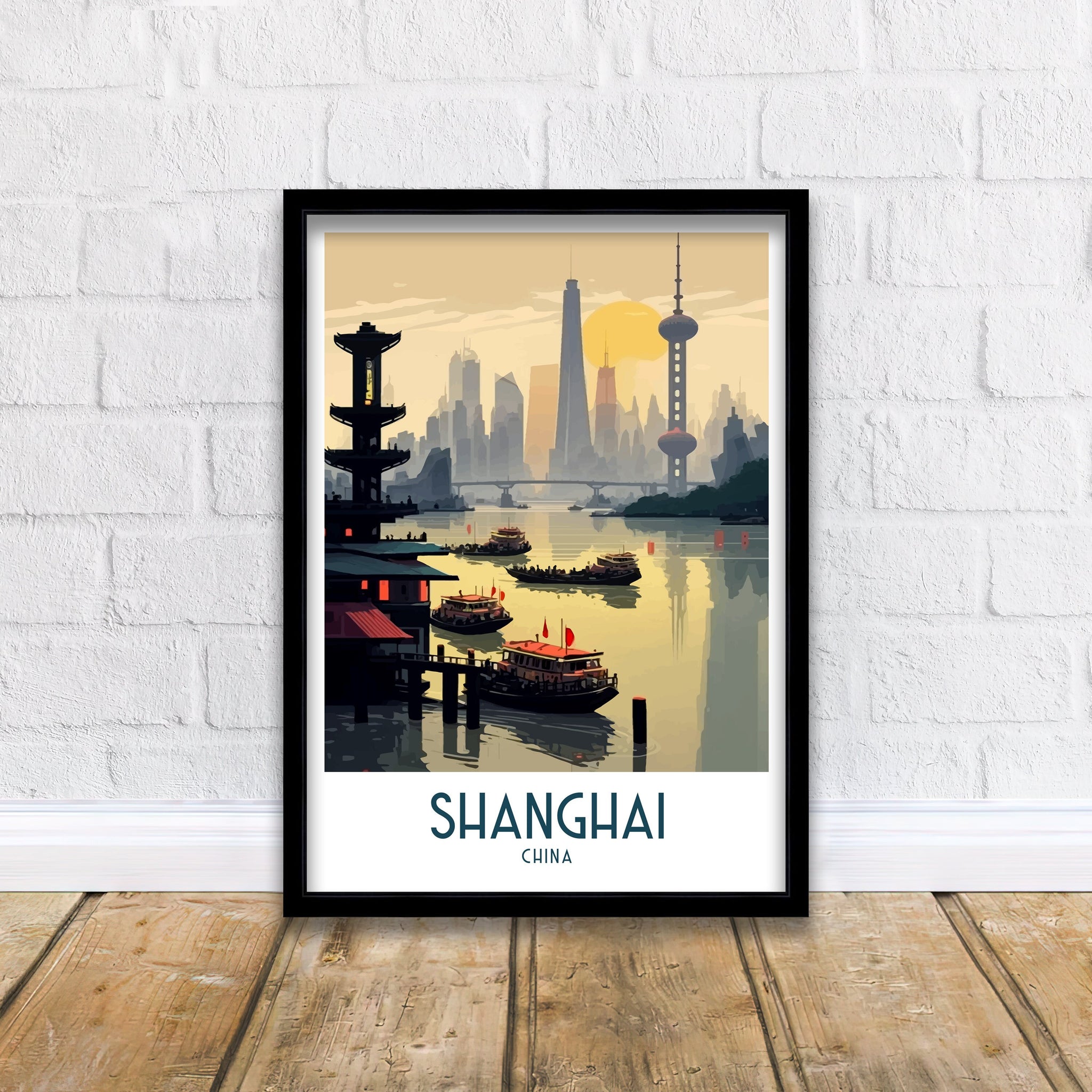 Shanghai China Travel Poster | Architectural Cityscape Art Print