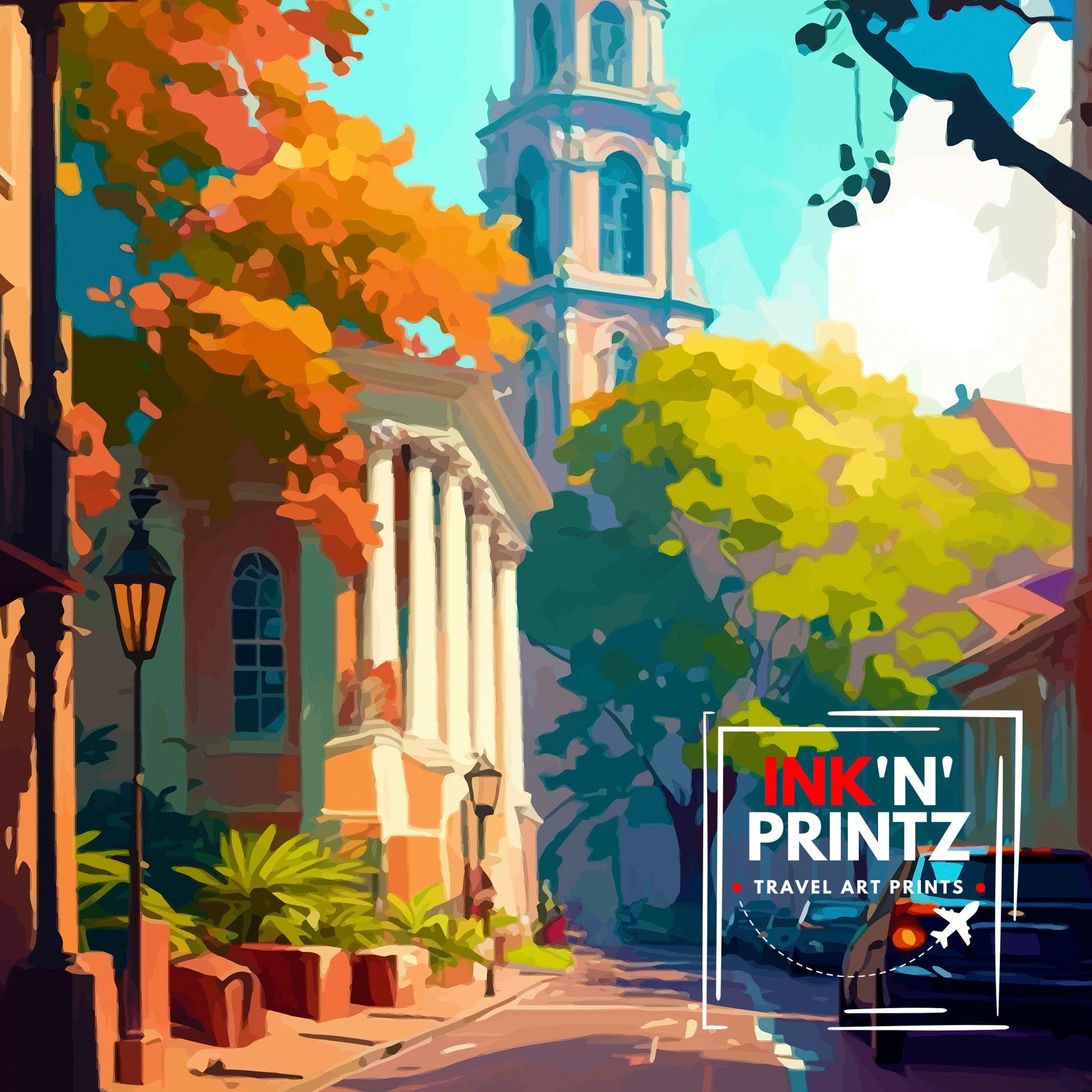 Charleston South Carolina Travel Print Charleston Wall Decor, Charleston Home Living Decor Charleston Illustration Travel Poster Gift