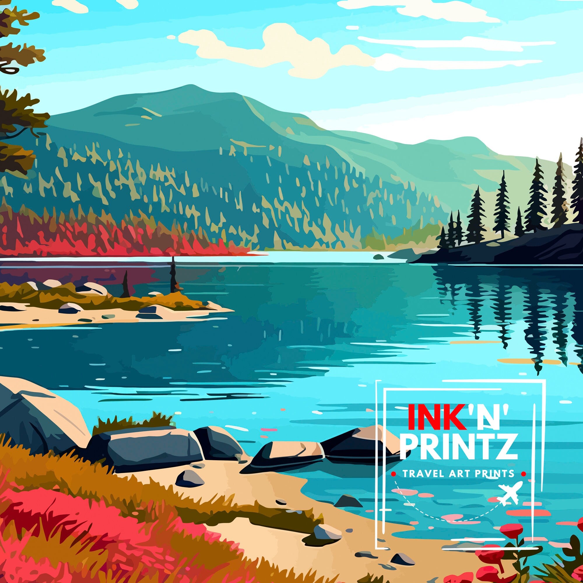Donner Lake California Travel Print| Donner Lake Wall Decor, Donner Lake Home Living Decor Donner Lake Illustration Travel Poster Gift