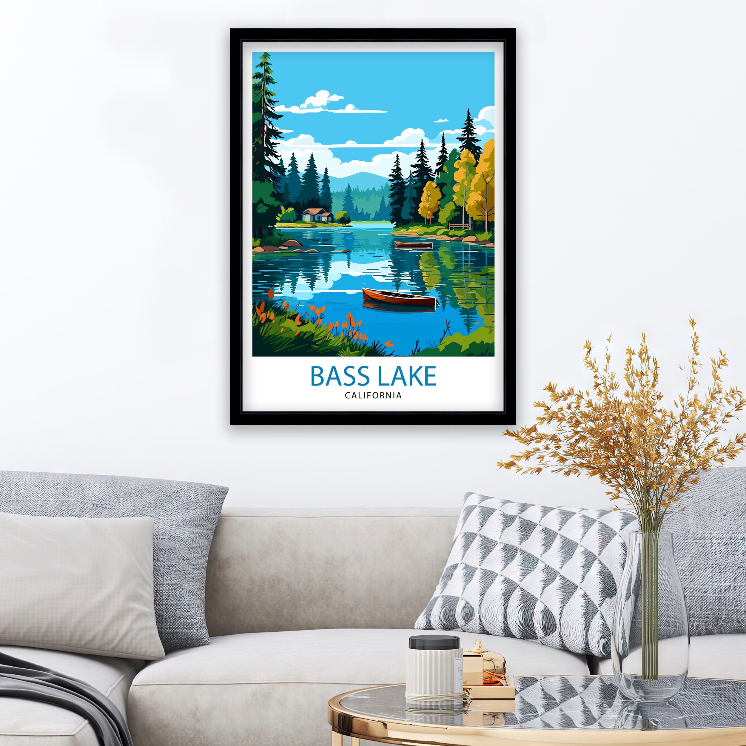 Bass Lake California Travel Print| Bass Lake Wall Decor Bass Lake Home Living Decor Bass Lake California Illustration Travel Poster Gift