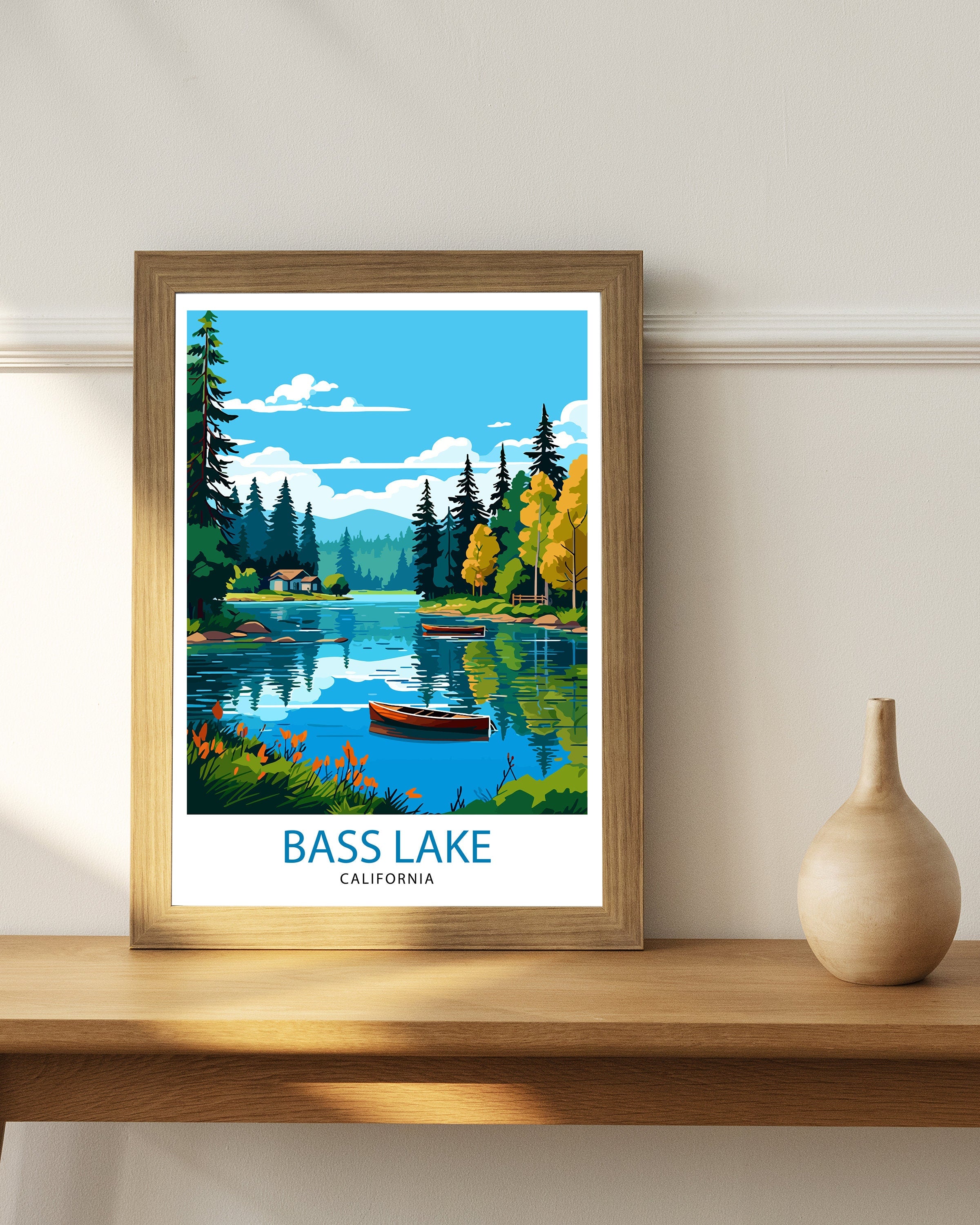 Bass Lake California Travel Print| Bass Lake Wall Decor Bass Lake Home Living Decor Bass Lake California Illustration Travel Poster Gift