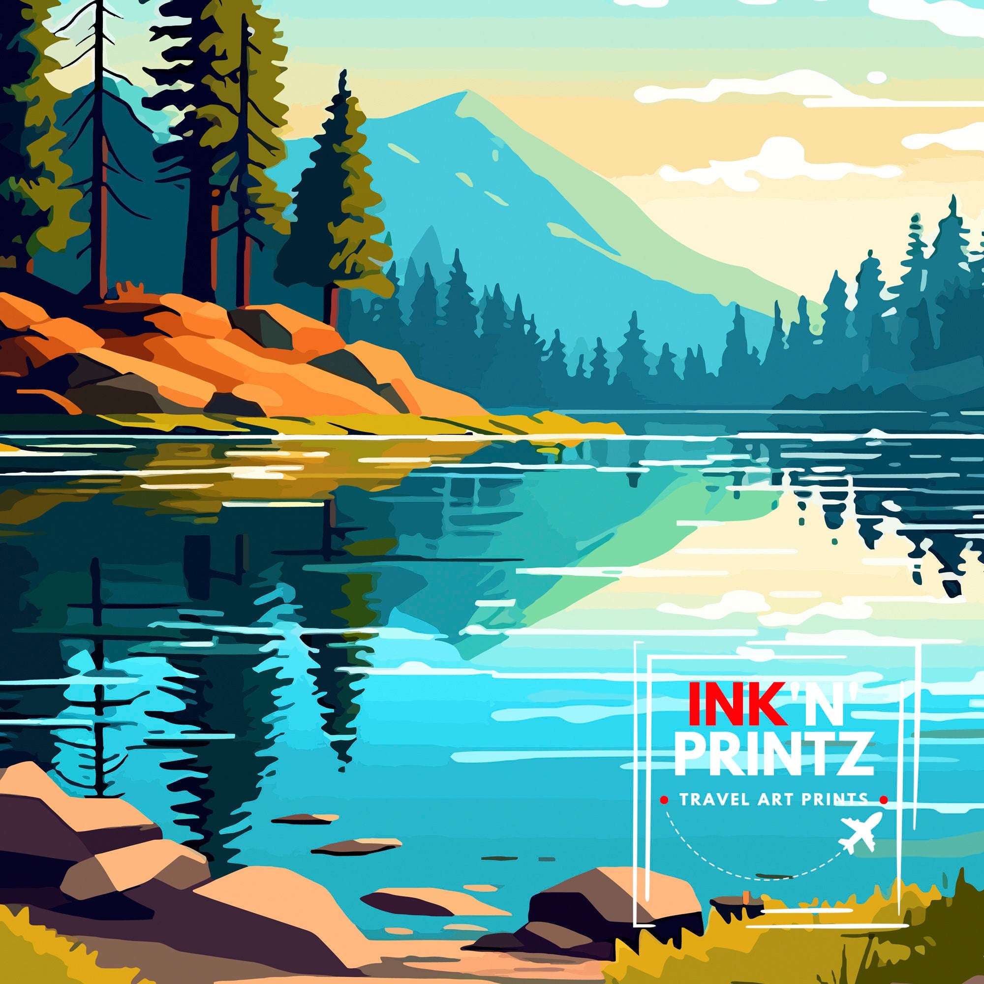 Huntington Lake Travel Print| Huntington Lake Wall Decor Huntington Lake Home Living Decor Huntington Lake Illustration Travel Poster Gift
