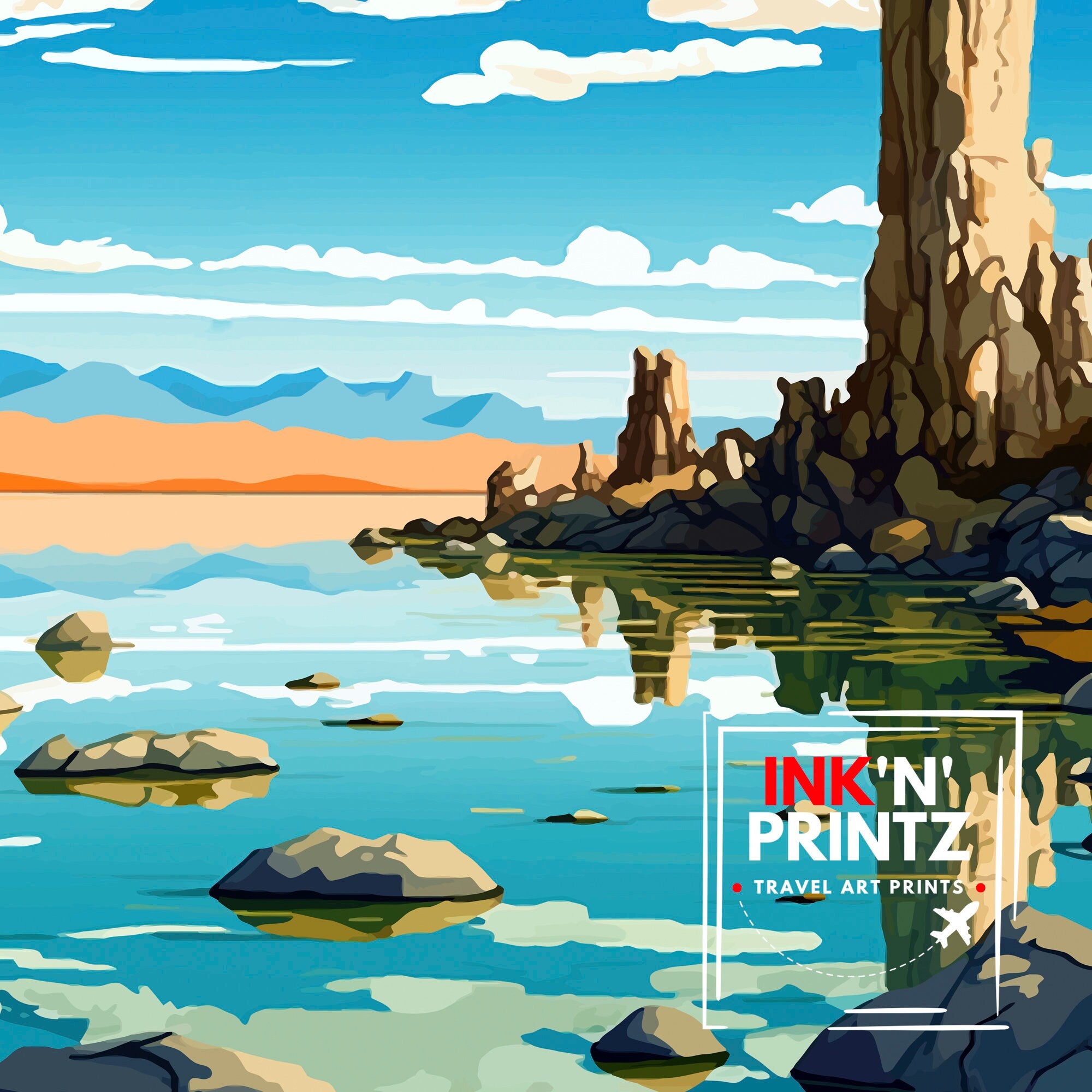 Mono Lake Travel Poster | California Tufa Rock Illustration