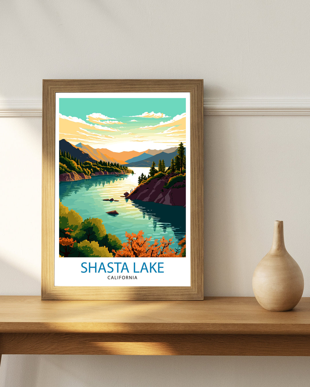 Shasta Lake California Travel Print| Shasta Lake Wall Decor Shasta Lake Home Living Decor Shasta Lake California Illustration Travel Poster