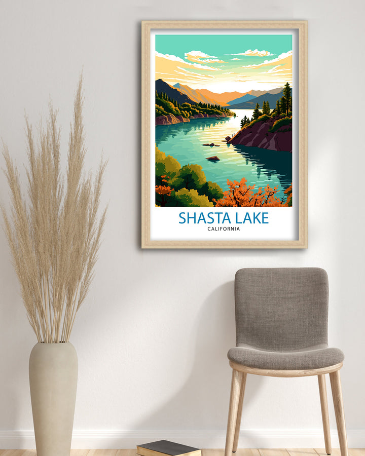 Shasta Lake California Travel Print| Shasta Lake Wall Decor Shasta Lake Home Living Decor Shasta Lake California Illustration Travel Poster