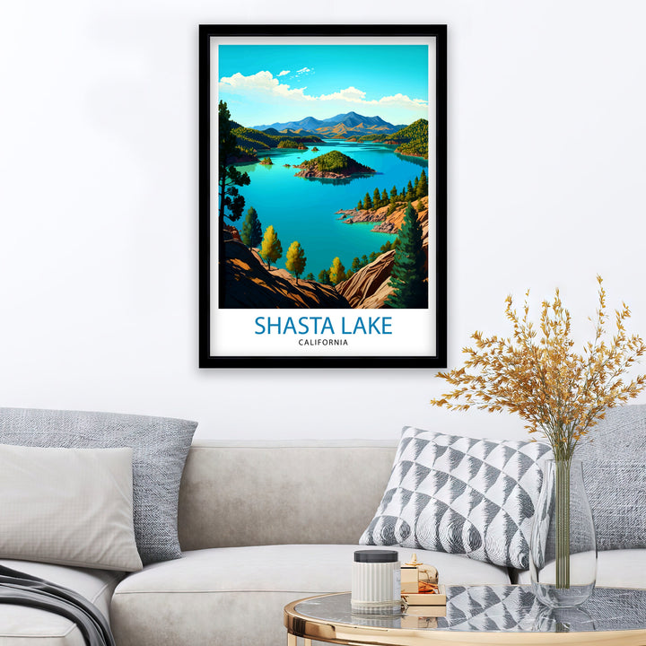 Shasta Lake California Travel Print| Shasta Lake Wall Decor Shasta Lake Home Living Decor Shasta Lake California Illustration Travel Poster