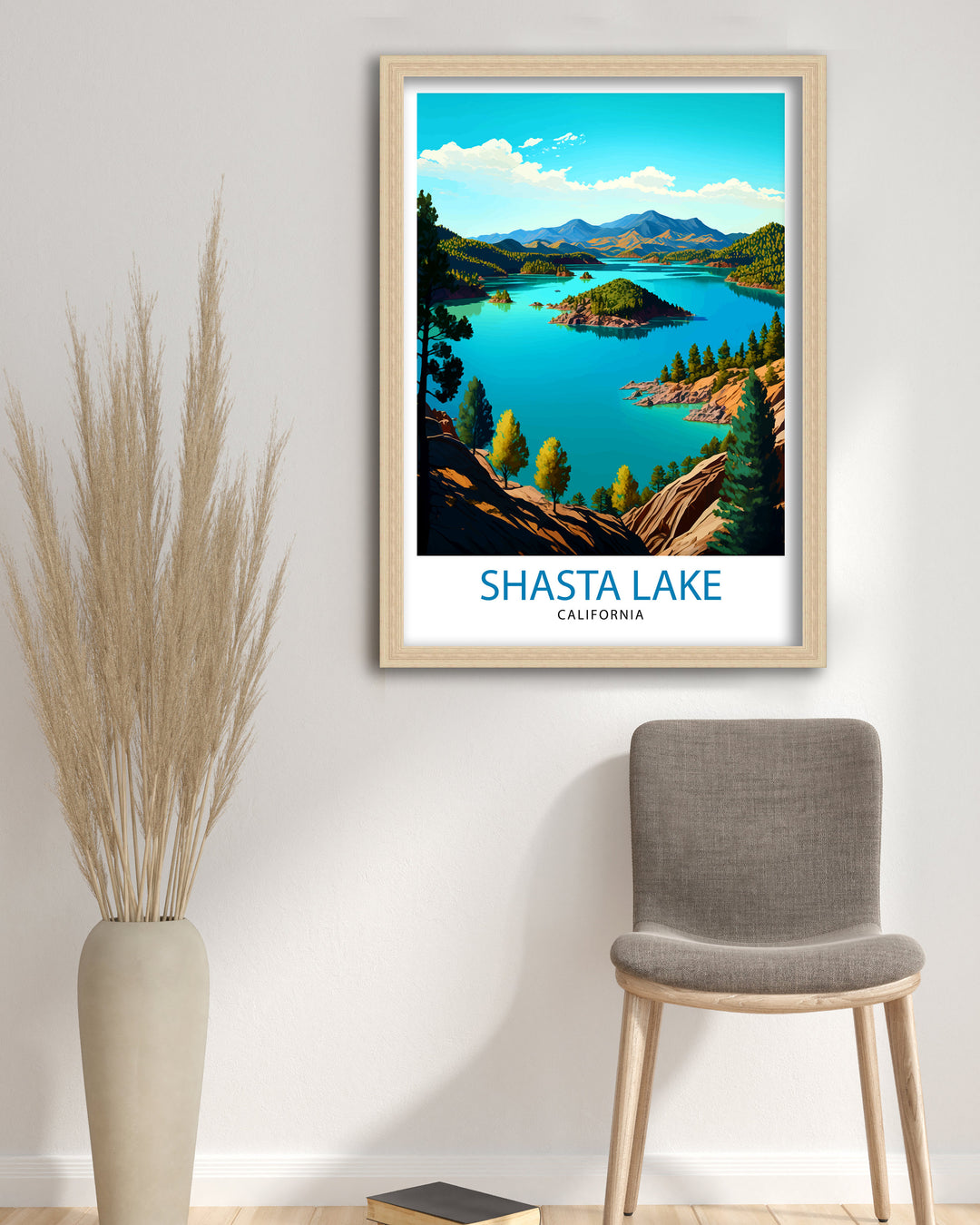 Shasta Lake California Travel Print| Shasta Lake Wall Decor Shasta Lake Home Living Decor Shasta Lake California Illustration Travel Poster