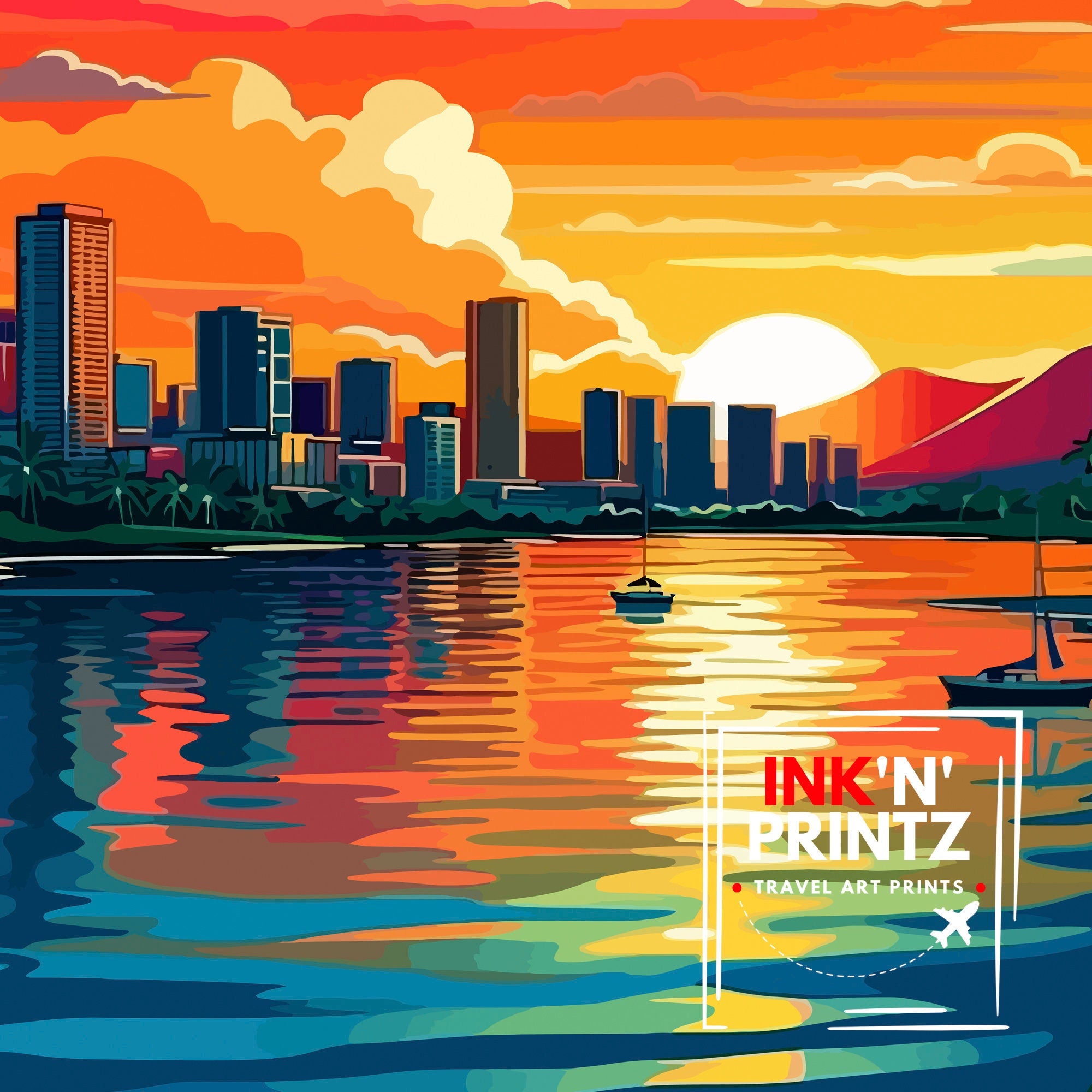 Honolulu, Hawaii Travel Print| Honolulu Wall Decor Honolulu Poster Hawaii Travel Prints Honolulu Art Print Honolulu Illustration Honolulu