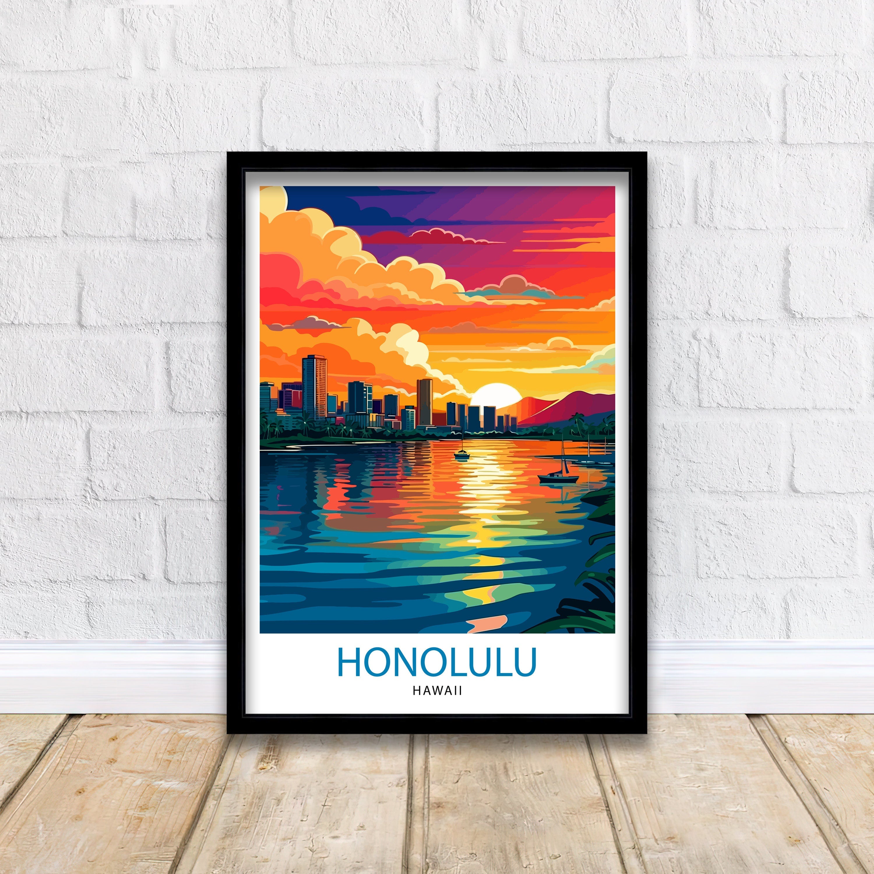 Honolulu, Hawaii Travel Print| Honolulu Wall Decor Honolulu Poster Hawaii Travel Prints Honolulu Art Print Honolulu Illustration Honolulu