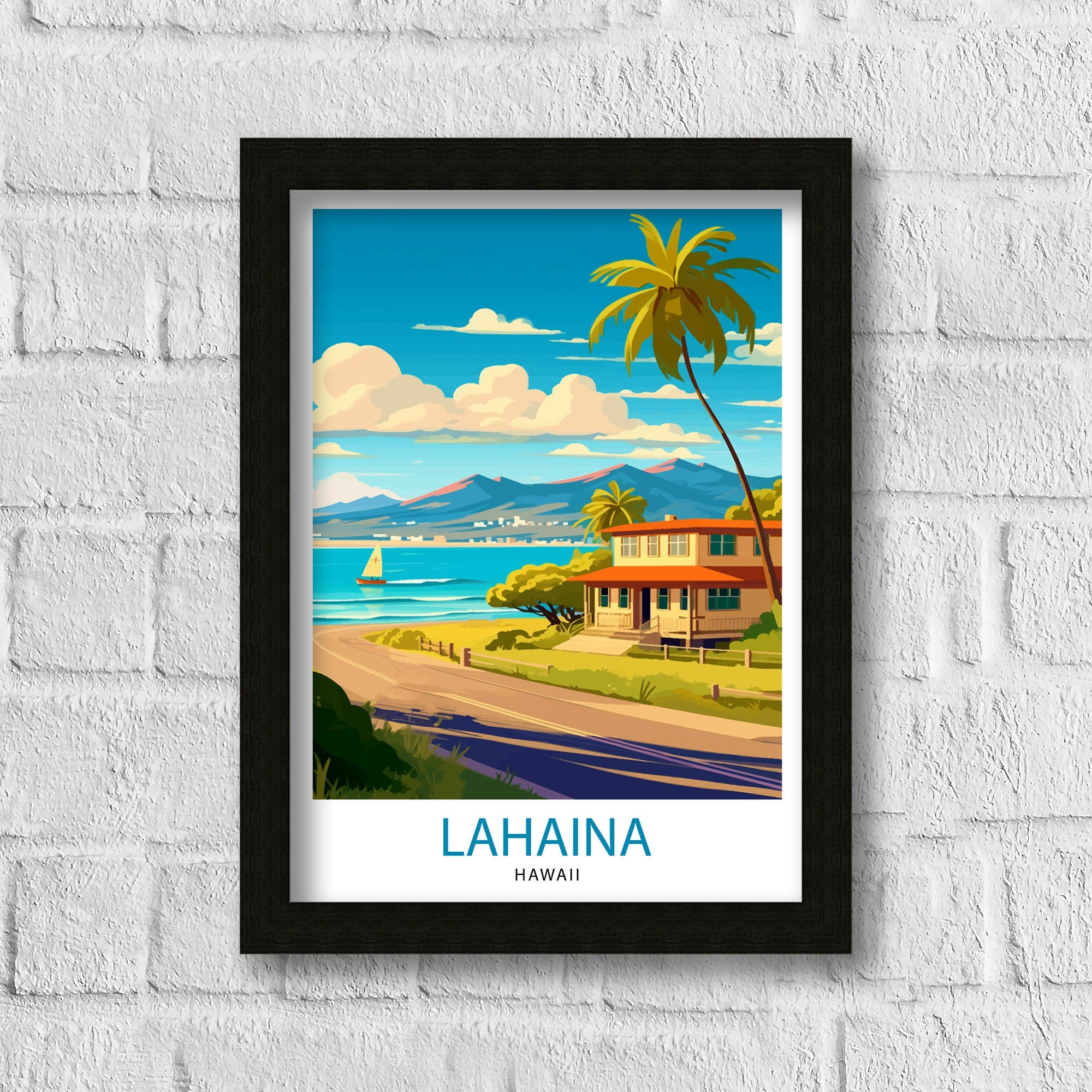 Lahaina Hawaii Travel Poster, Palm Trees, Beach House Art Print