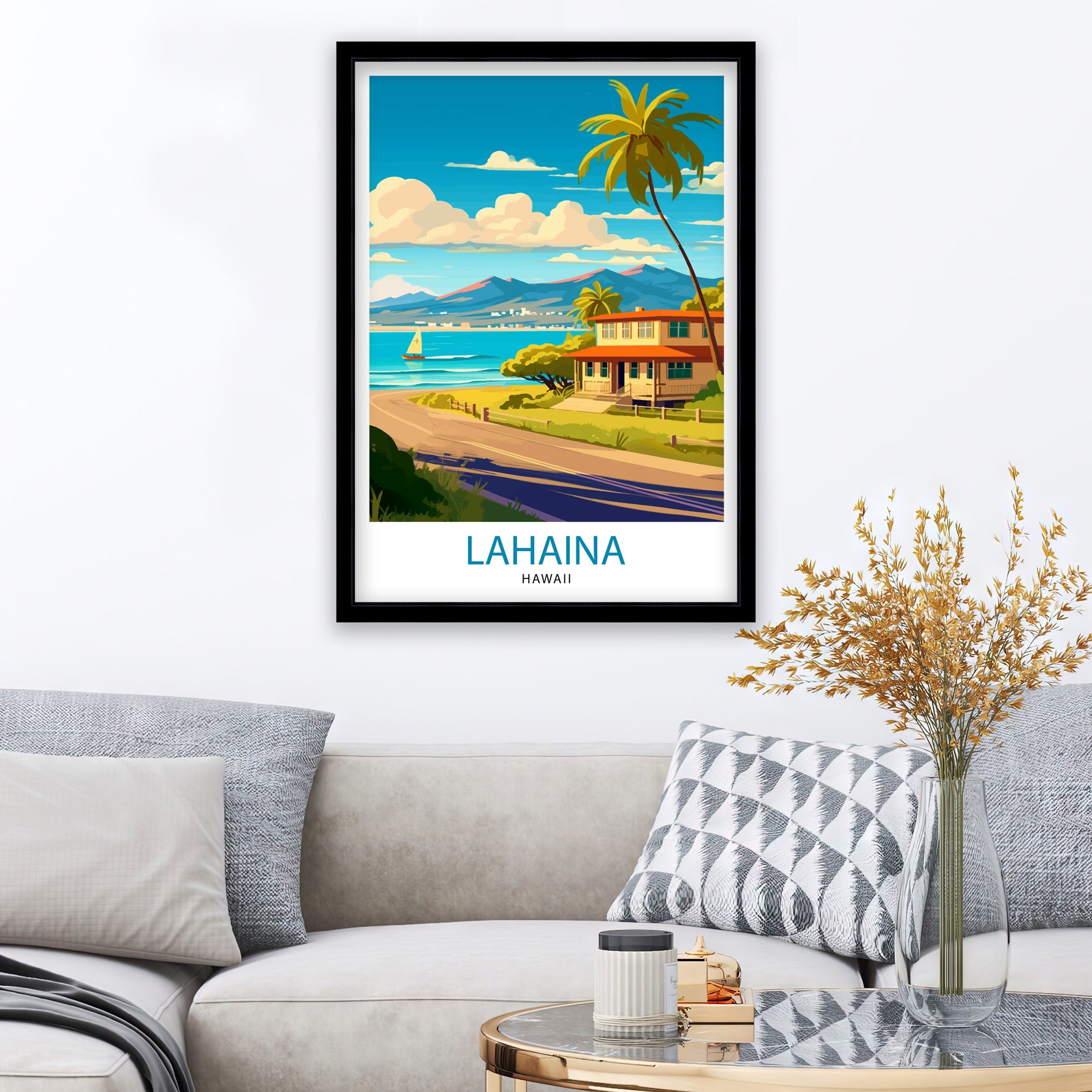 Lahaina Hawaii Travel Poster, Palm Trees, Beach House Art Print