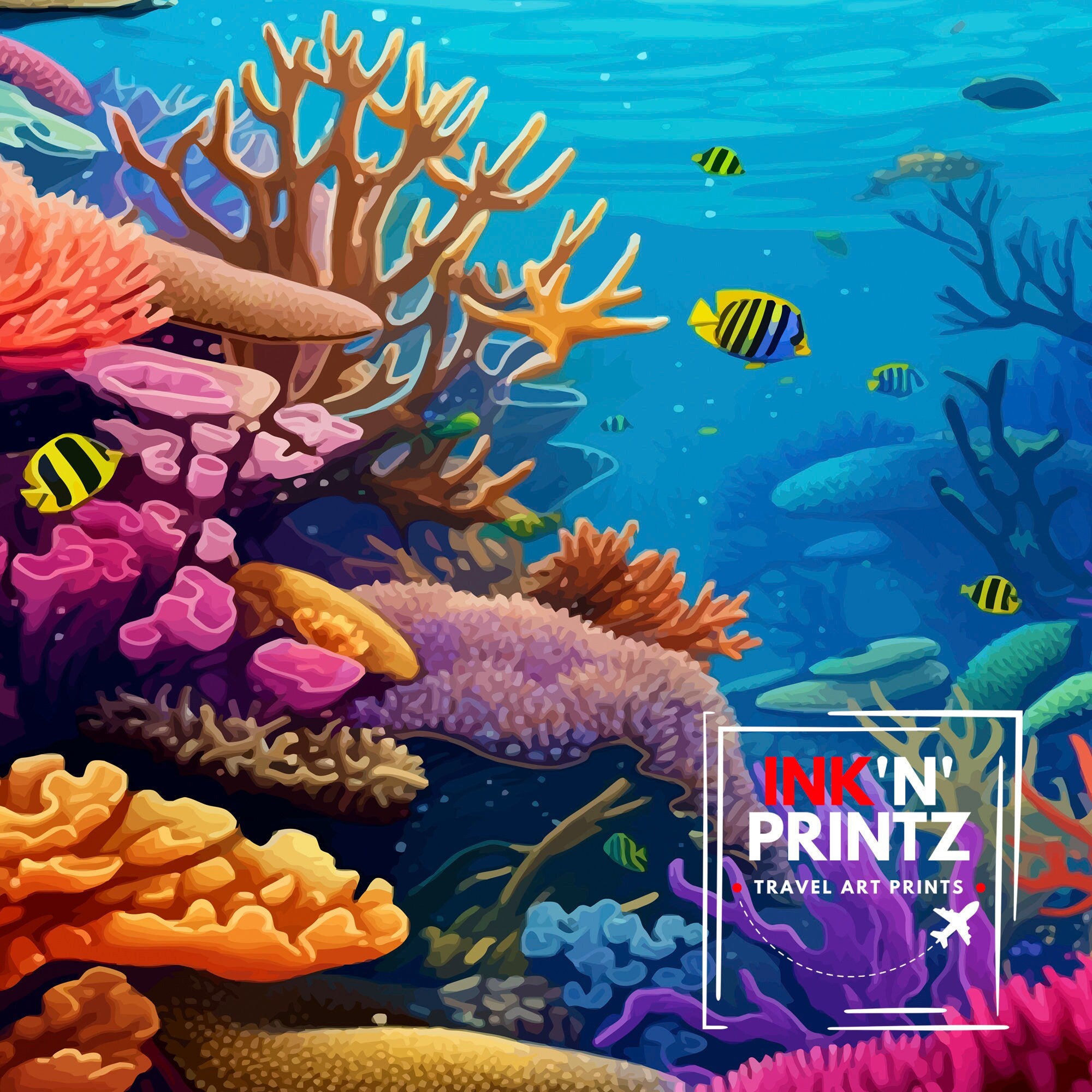 Great Barrier Reef Print | Australia Travel Poster, Marine Life Wall Art