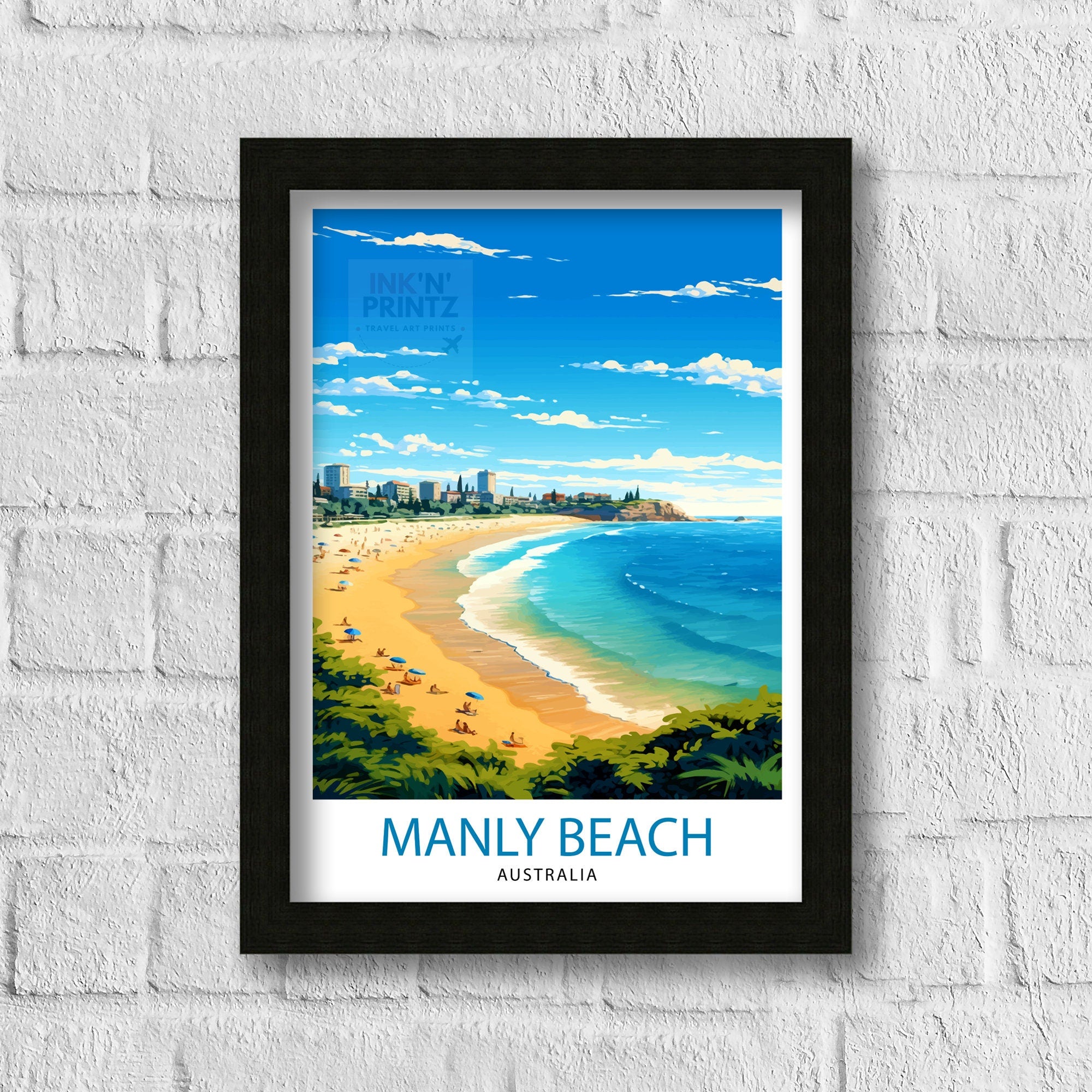 Manly Beach Australia Travel Print Beach Wall Decor Manly Beach Poster Australian Travel Prints Coastal Art Print Manly Beach Illustration