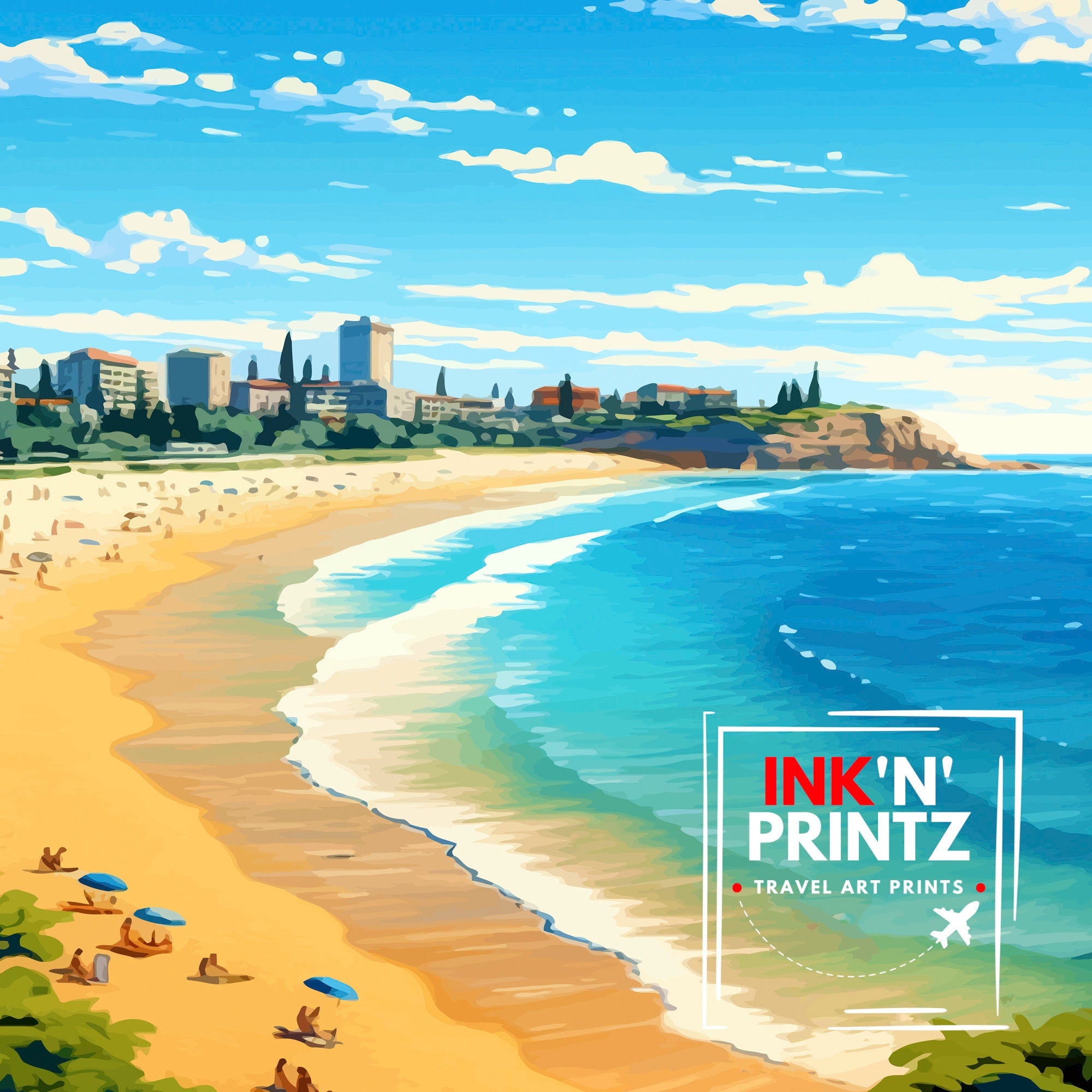 Manly Beach Australia Travel Print Beach Wall Decor Manly Beach Poster Australian Travel Prints Coastal Art Print Manly Beach Illustration