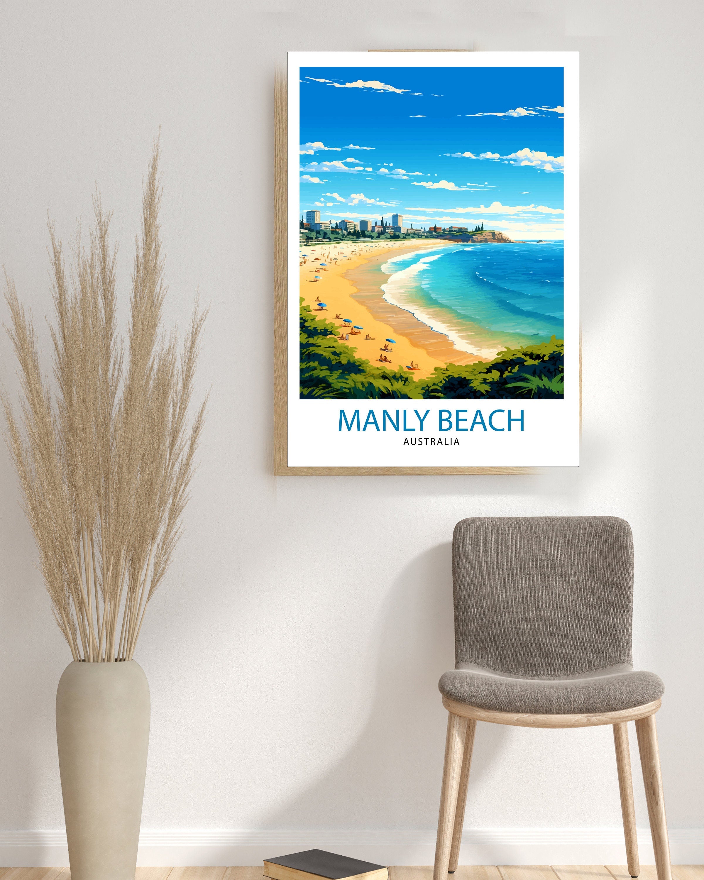 Manly Beach Australia Travel Print Beach Wall Decor Manly Beach Poster Australian Travel Prints Coastal Art Print Manly Beach Illustration