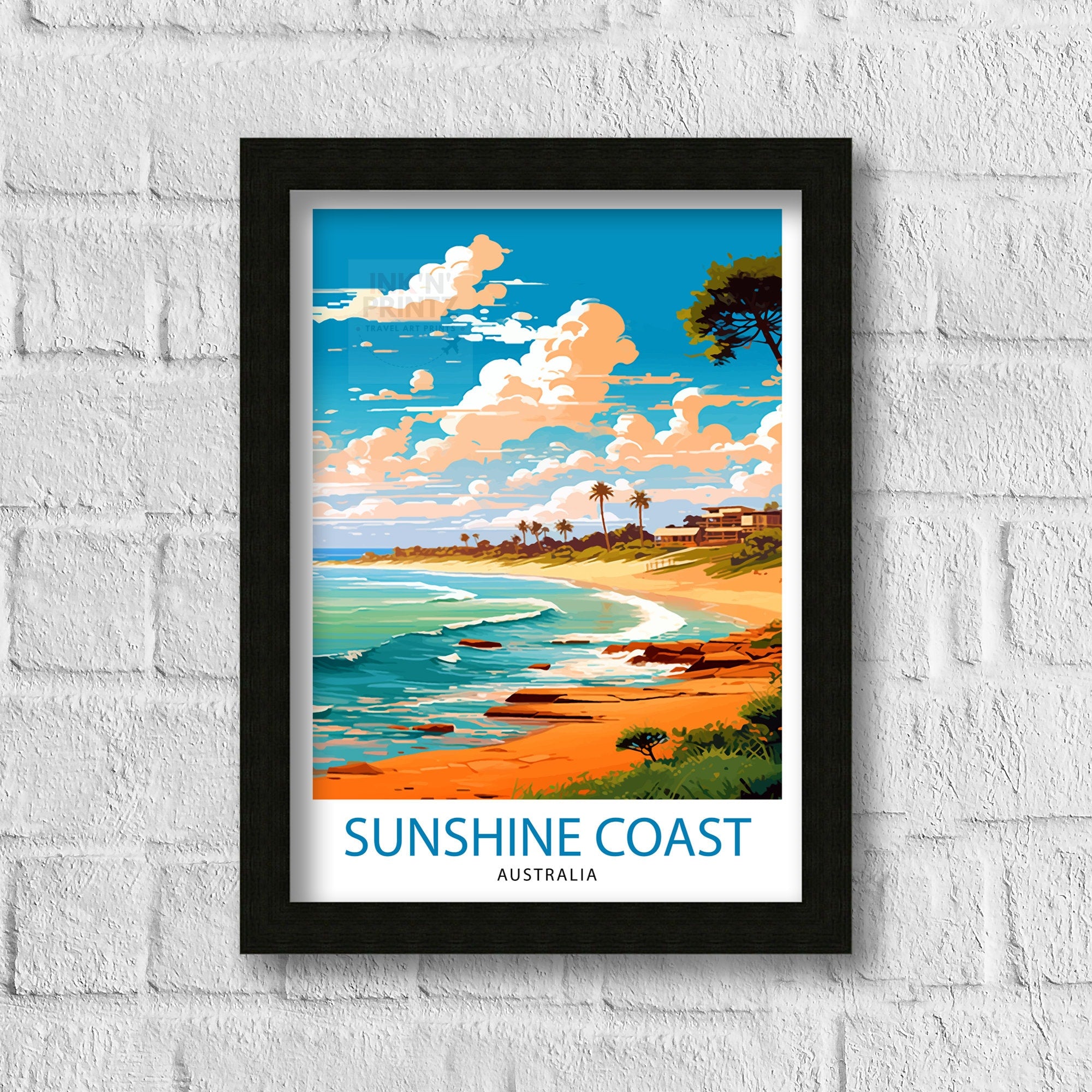 Sunshine Coast Australia Travel Print Coastal Wall Decor Sunshine Coast Poster Australian Travel Prints Beach Art Print Coastal Illustration