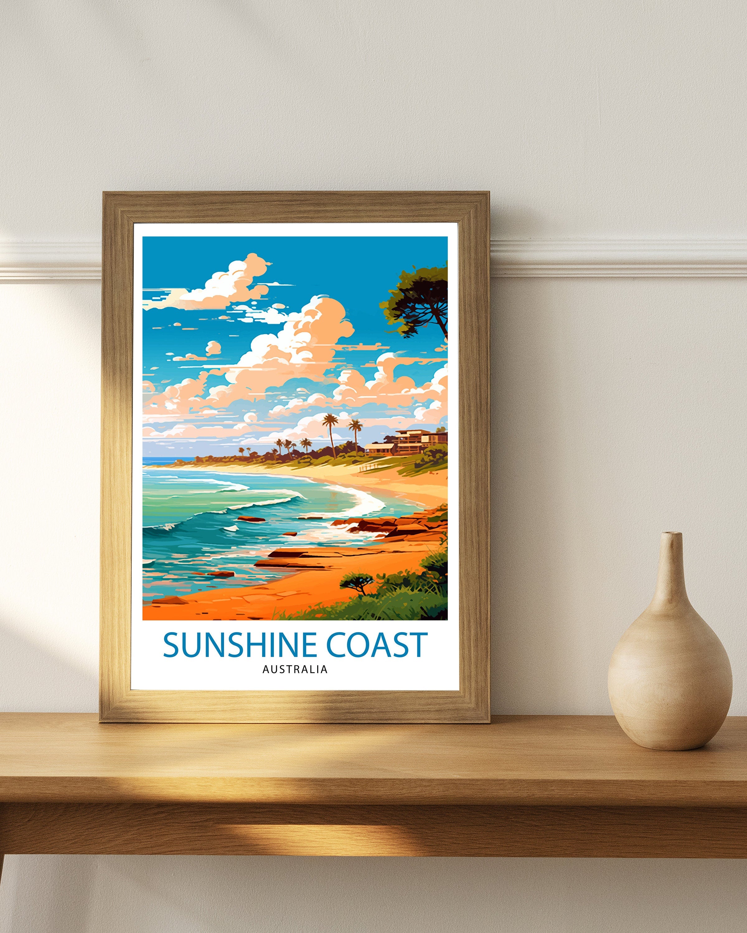 Sunshine Coast Australia Travel Print Coastal Wall Decor Sunshine Coast Poster Australian Travel Prints Beach Art Print Coastal Illustration