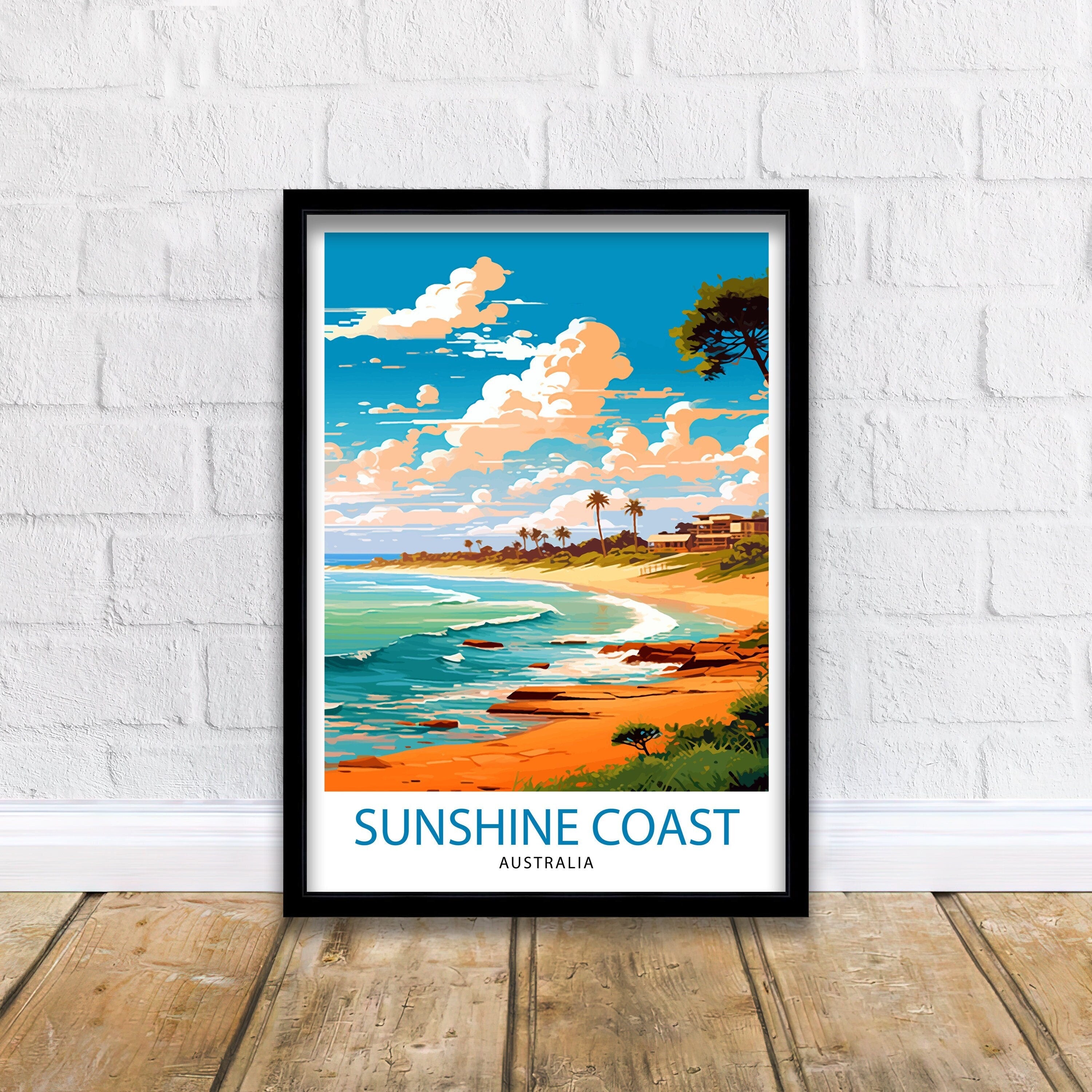 Sunshine Coast Australia Travel Print Coastal Wall Decor Sunshine Coast Poster Australian Travel Prints Beach Art Print Coastal Illustration