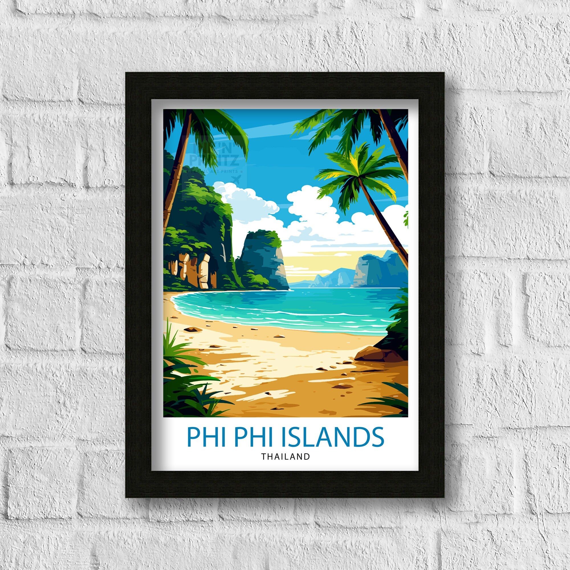 Phi Phi Islands Thailand Travel Print Tropical Wall Decor Phi Phi Islands Poster Beach Travel Prints Thailand Art Print Island Illustration
