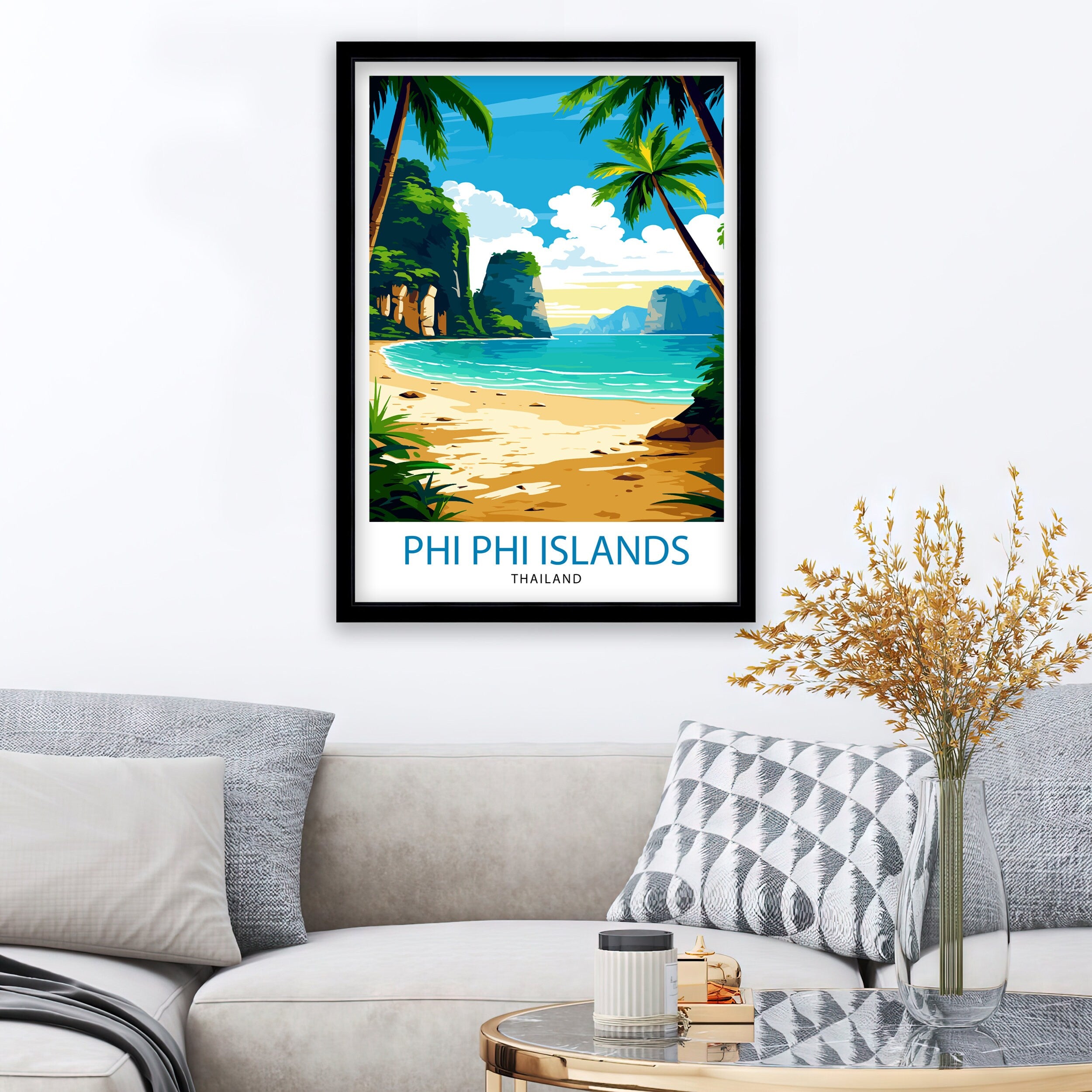 Phi Phi Islands Thailand Travel Print Tropical Wall Decor Phi Phi Islands Poster Beach Travel Prints Thailand Art Print Island Illustration