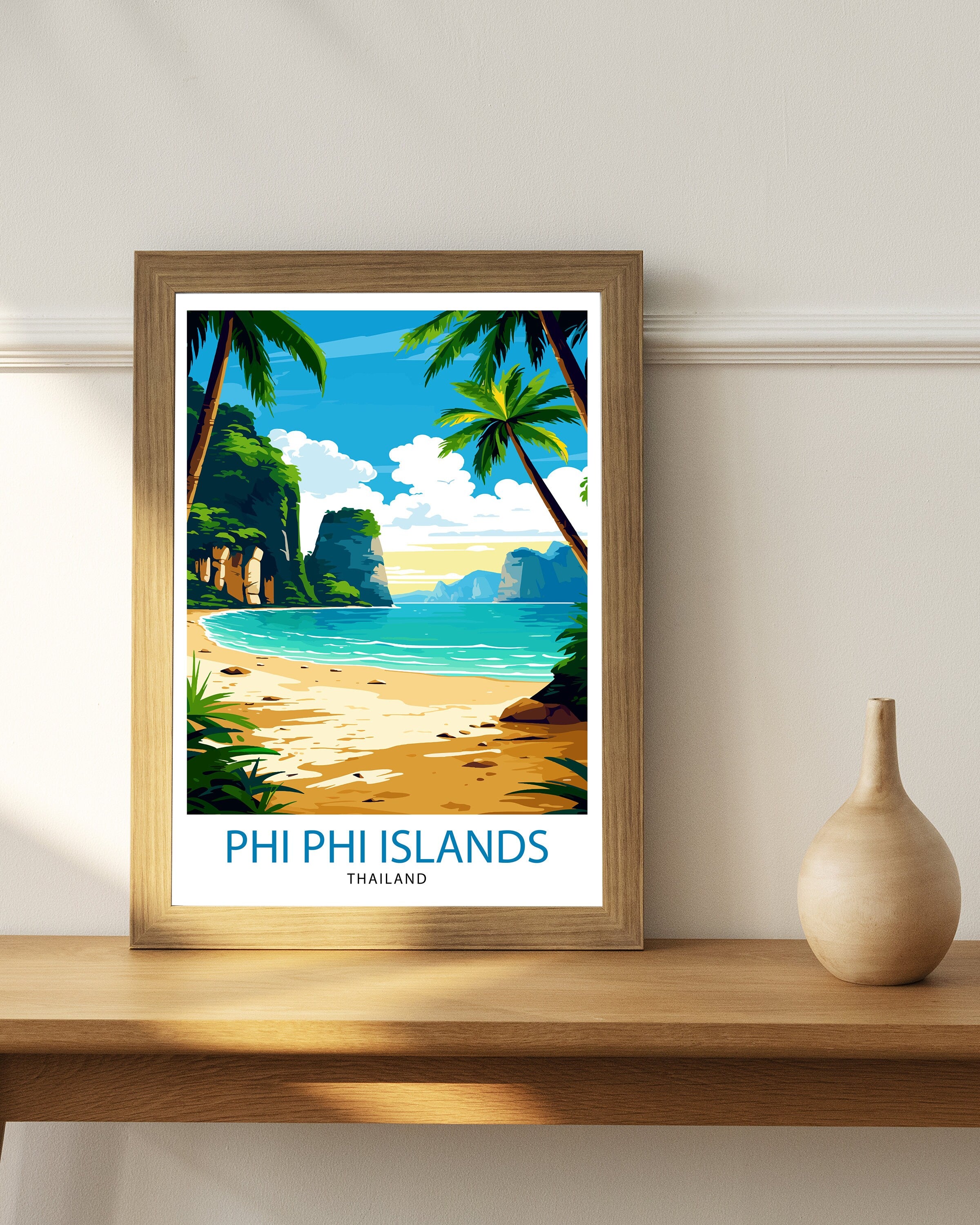 Phi Phi Islands Thailand Travel Print Tropical Wall Decor Phi Phi Islands Poster Beach Travel Prints Thailand Art Print Island Illustration