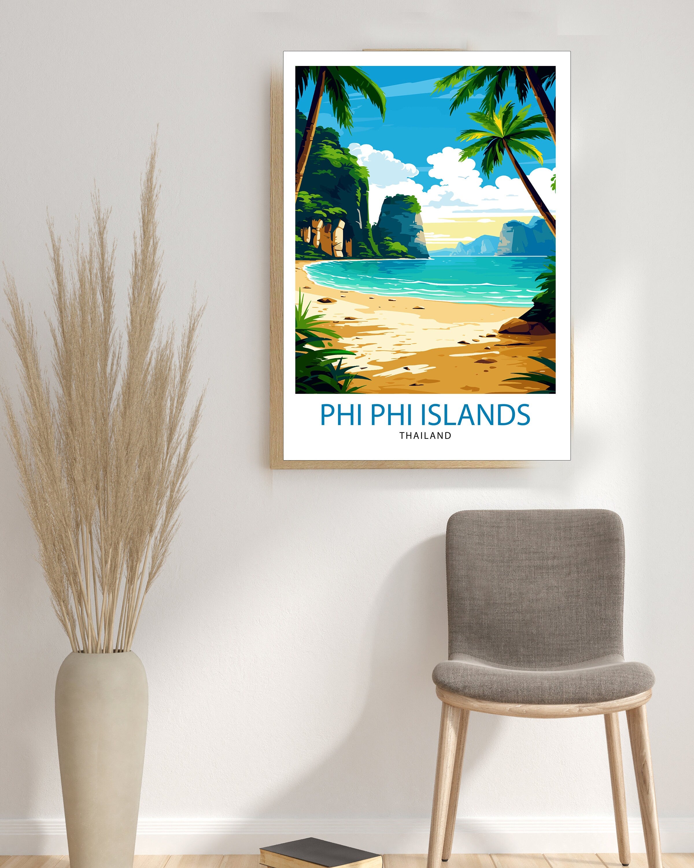 Phi Phi Islands Thailand Travel Print Tropical Wall Decor Phi Phi Islands Poster Beach Travel Prints Thailand Art Print Island Illustration