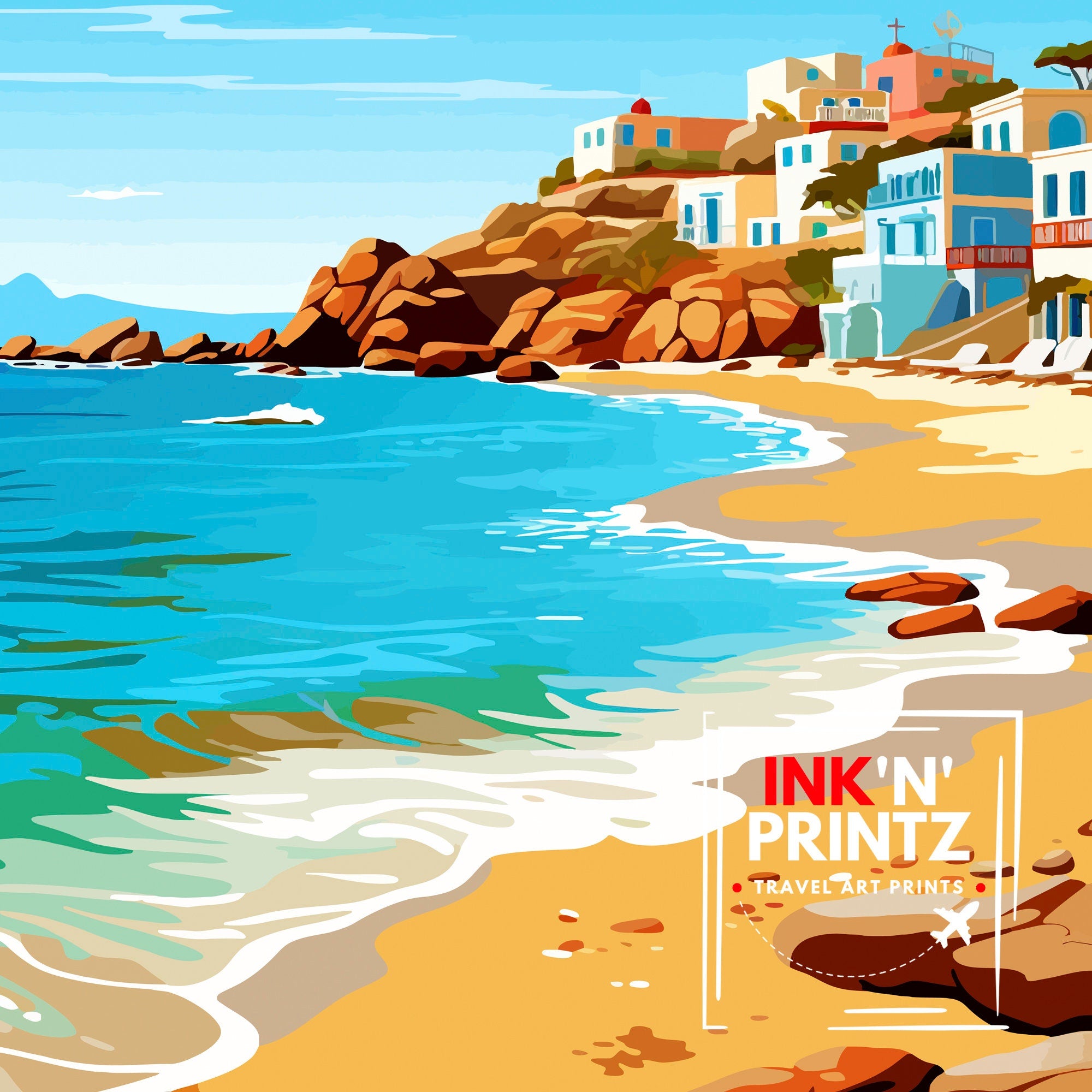 Mykonos Greece Travel Print Mykonos Wall Decor Mykonos Island Poster Greece Travel Prints Mykonos Art Print Mykonos Illustration