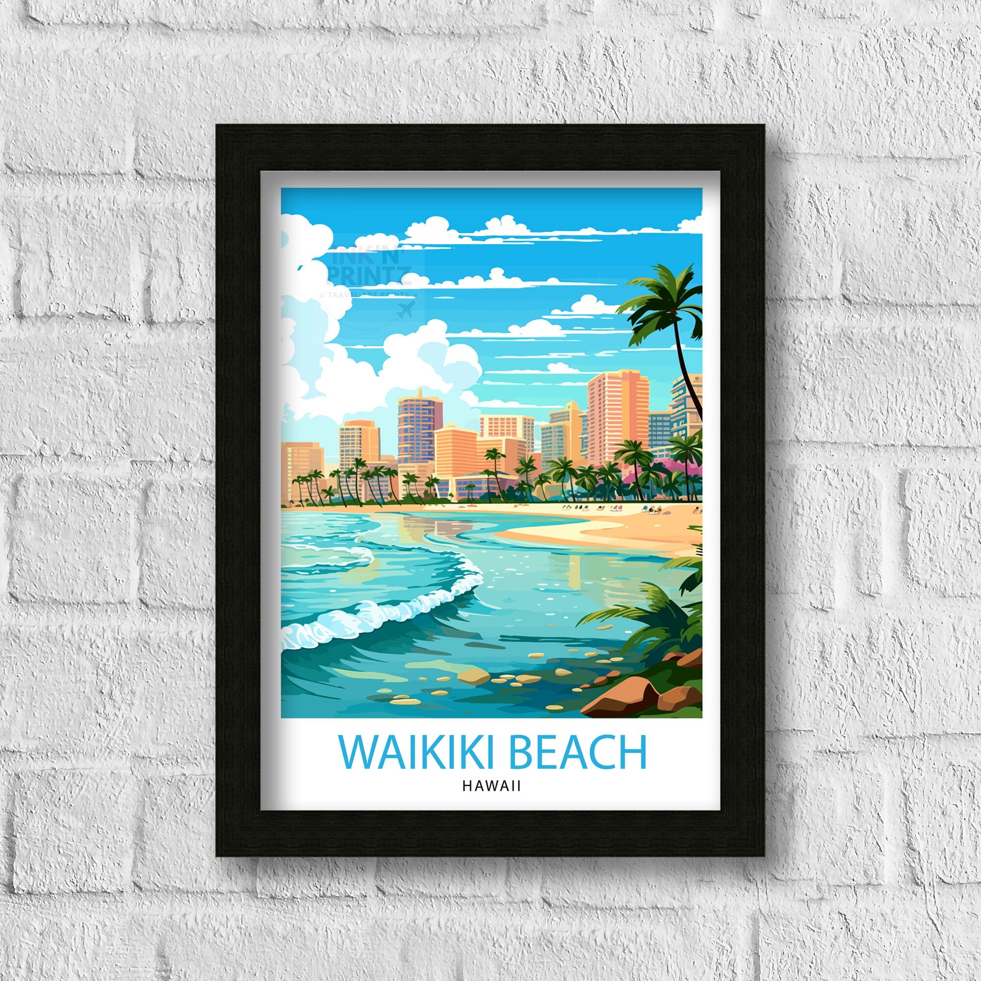 Waikiki Beach Oahu Travel Print| Waikiki Wall Decor Waikiki Beach Poster Oahu Travel Prints Waikiki Art Print Waikiki Illustration Waikiki