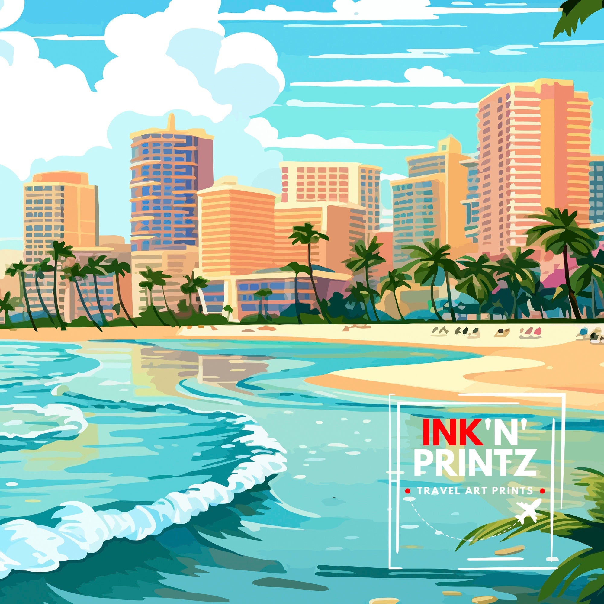 Waikiki Beach Oahu Travel Print| Waikiki Wall Decor Waikiki Beach Poster Oahu Travel Prints Waikiki Art Print Waikiki Illustration Waikiki