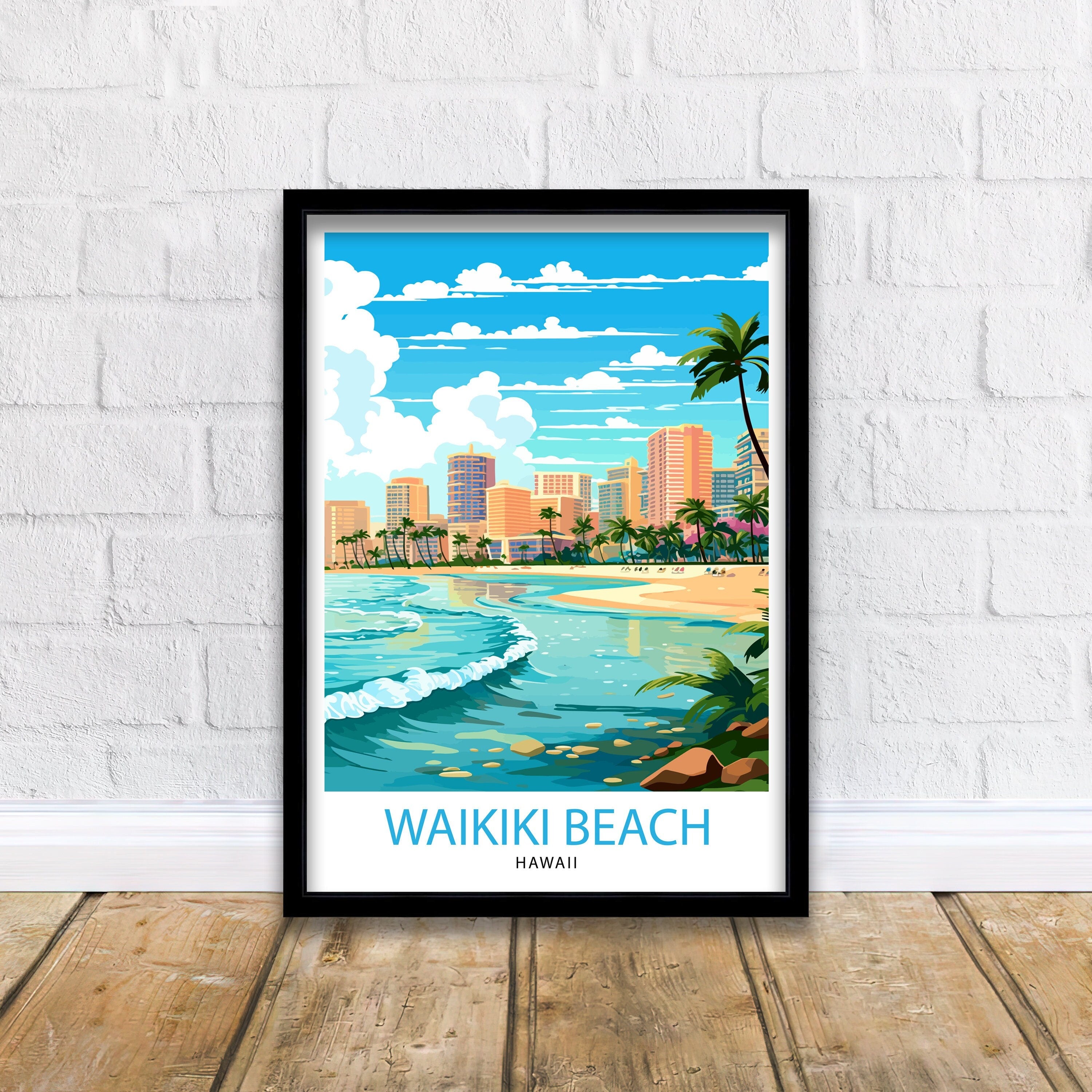 Waikiki Beach Oahu Travel Print| Waikiki Wall Decor Waikiki Beach Poster Oahu Travel Prints Waikiki Art Print Waikiki Illustration Waikiki