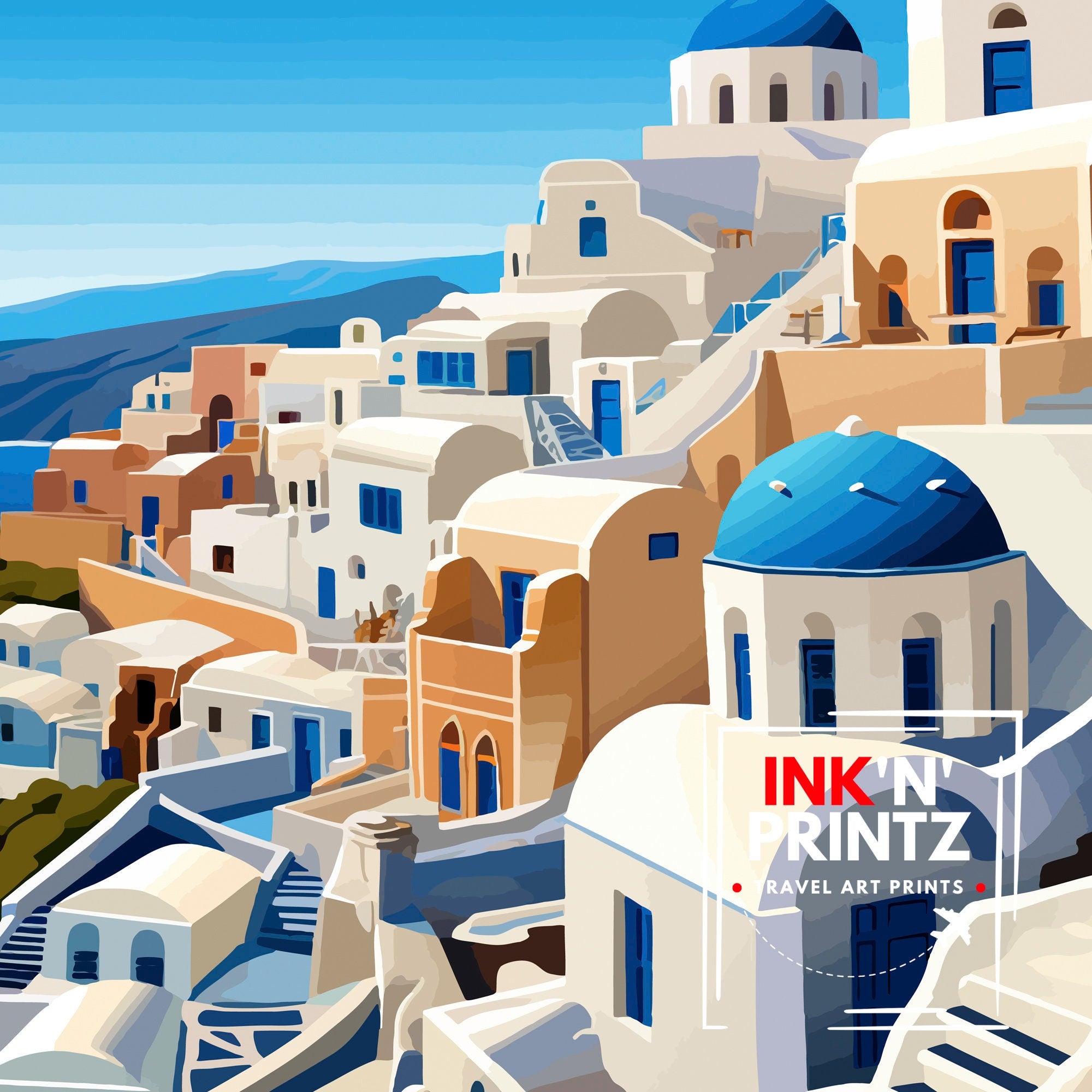Santorini Greece Travel Print Santorini Wall Decor Santorini Island Poster Greece Travel Prints Santorini Art Print Santorini Illustration