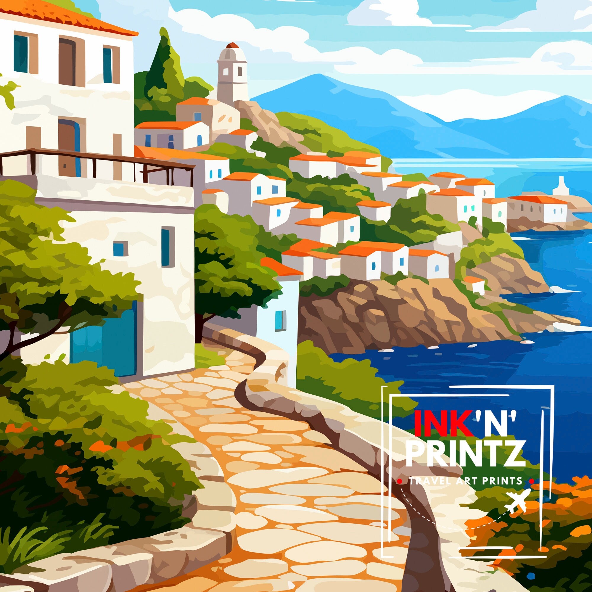 Hydra Greece Travel Print Hydra Island Wall Decor Hydra Greece Poster Greek Island Travel Prints Hydra Art Print Hydra Island Illustration
