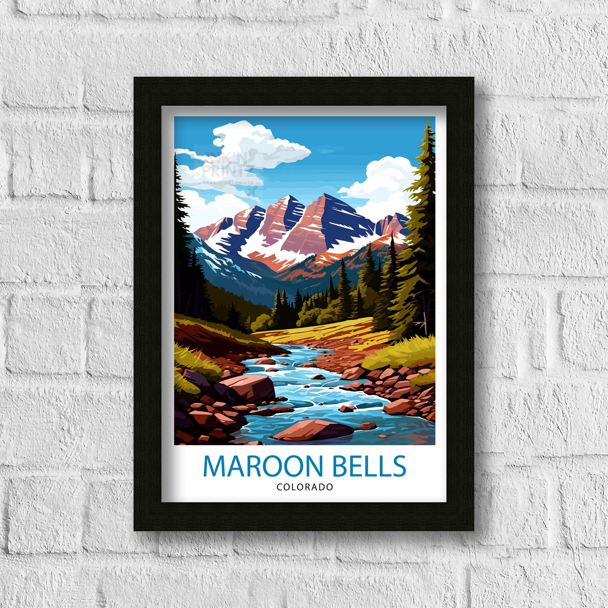 Maroon Bells Colorado Print, Mountain Landscape Illustration