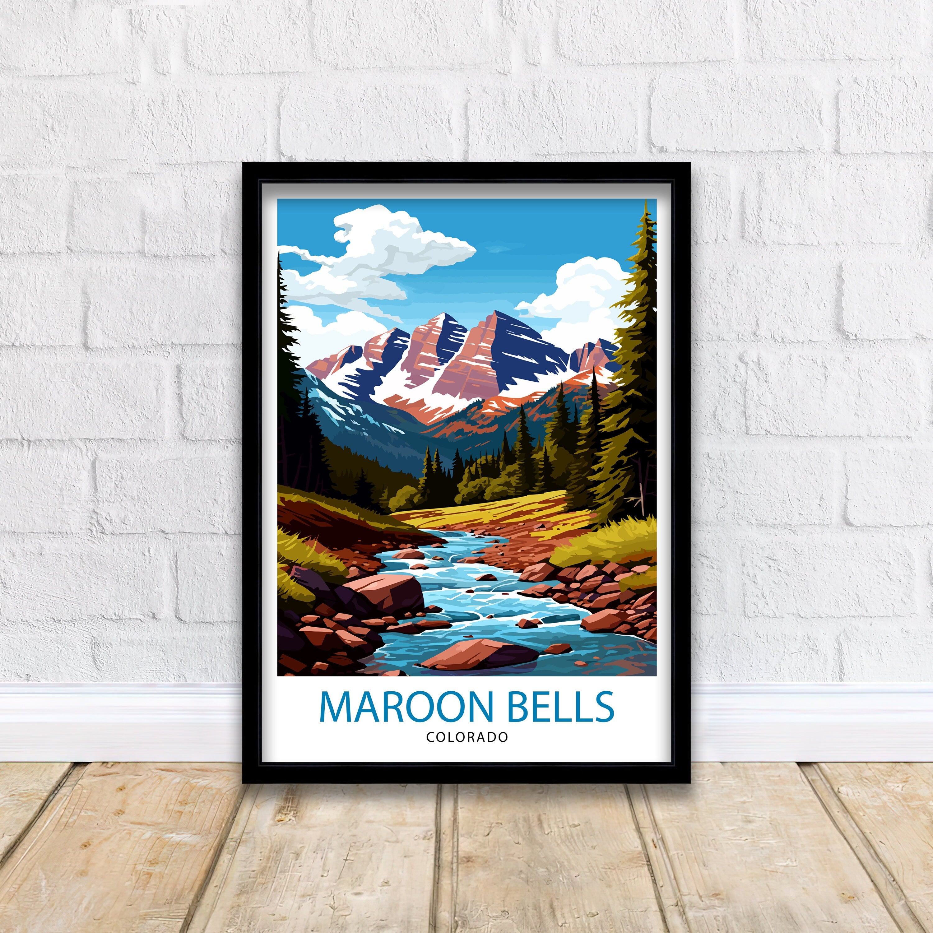 Maroon Bells Colorado Print, Mountain Landscape Illustration