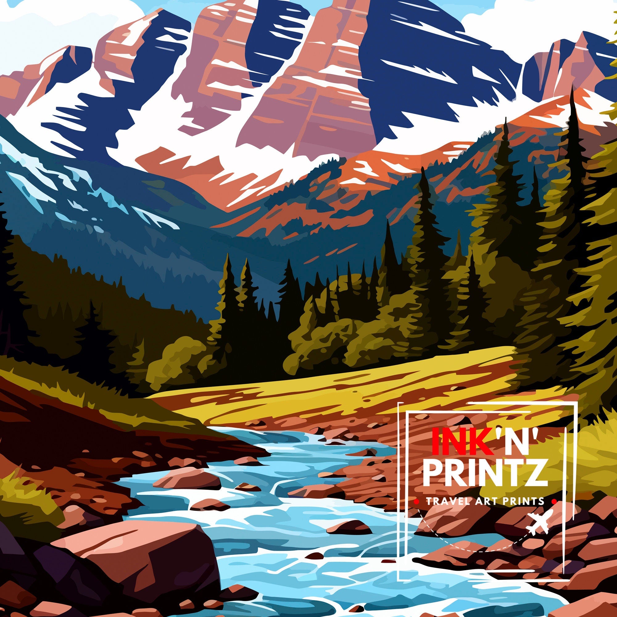 Maroon Bells Colorado Print, Mountain Landscape Illustration