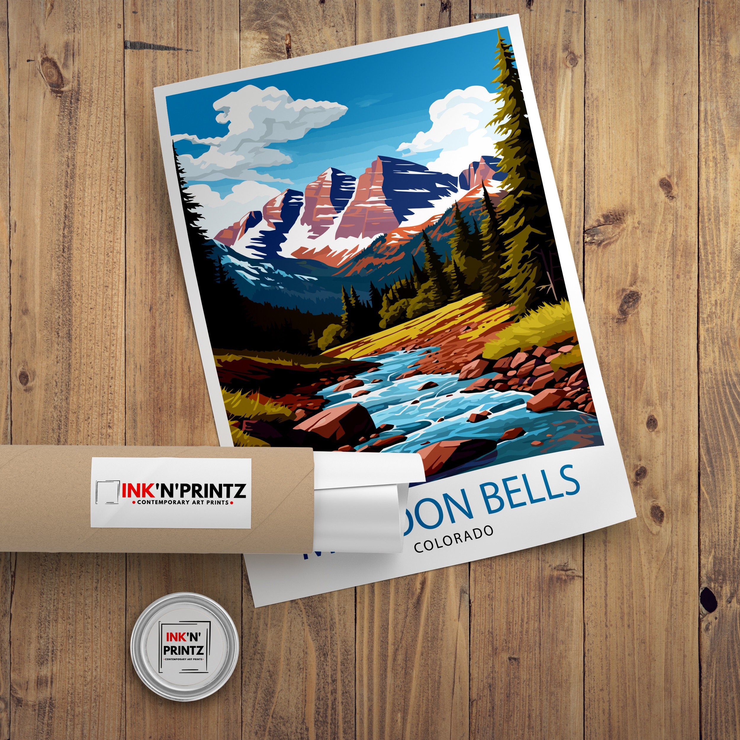 Maroon Bells Colorado Print, Mountain Landscape Illustration