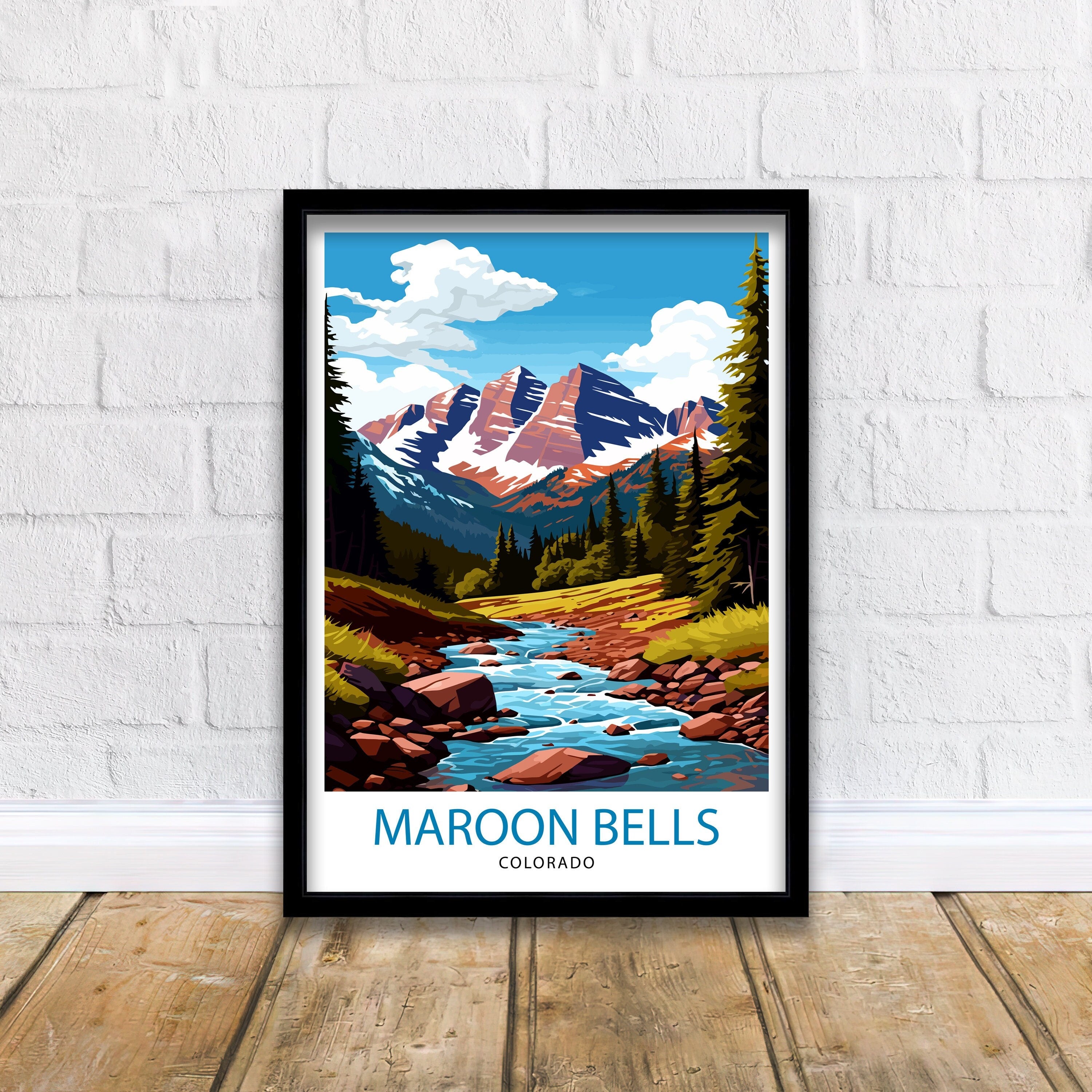 Maroon Bells Colorado Print, Mountain Landscape Illustration