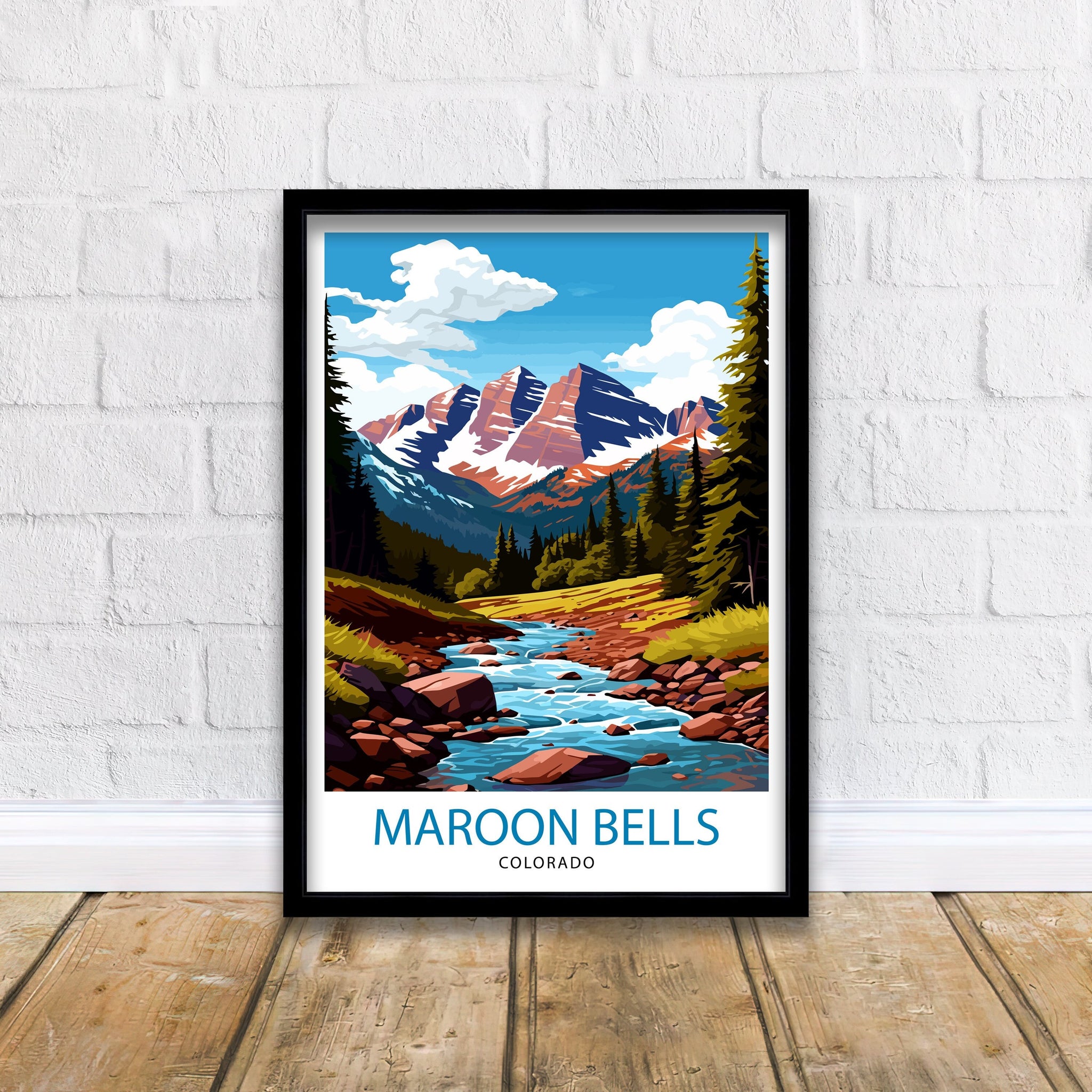 Maroon Bells Colorado Print, Mountain Landscape Illustration