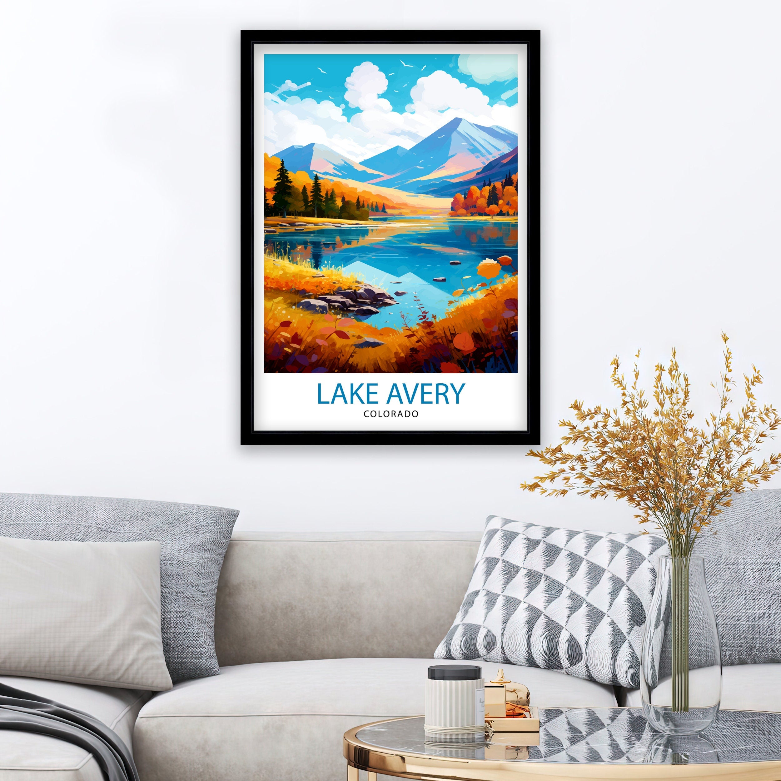 Lake Avery Travel Print| Colorado Wall Decor Lake Avery Poster Mountain Lake Prints Colorado Art Print Lake Avery Illustration Colorado Wall
