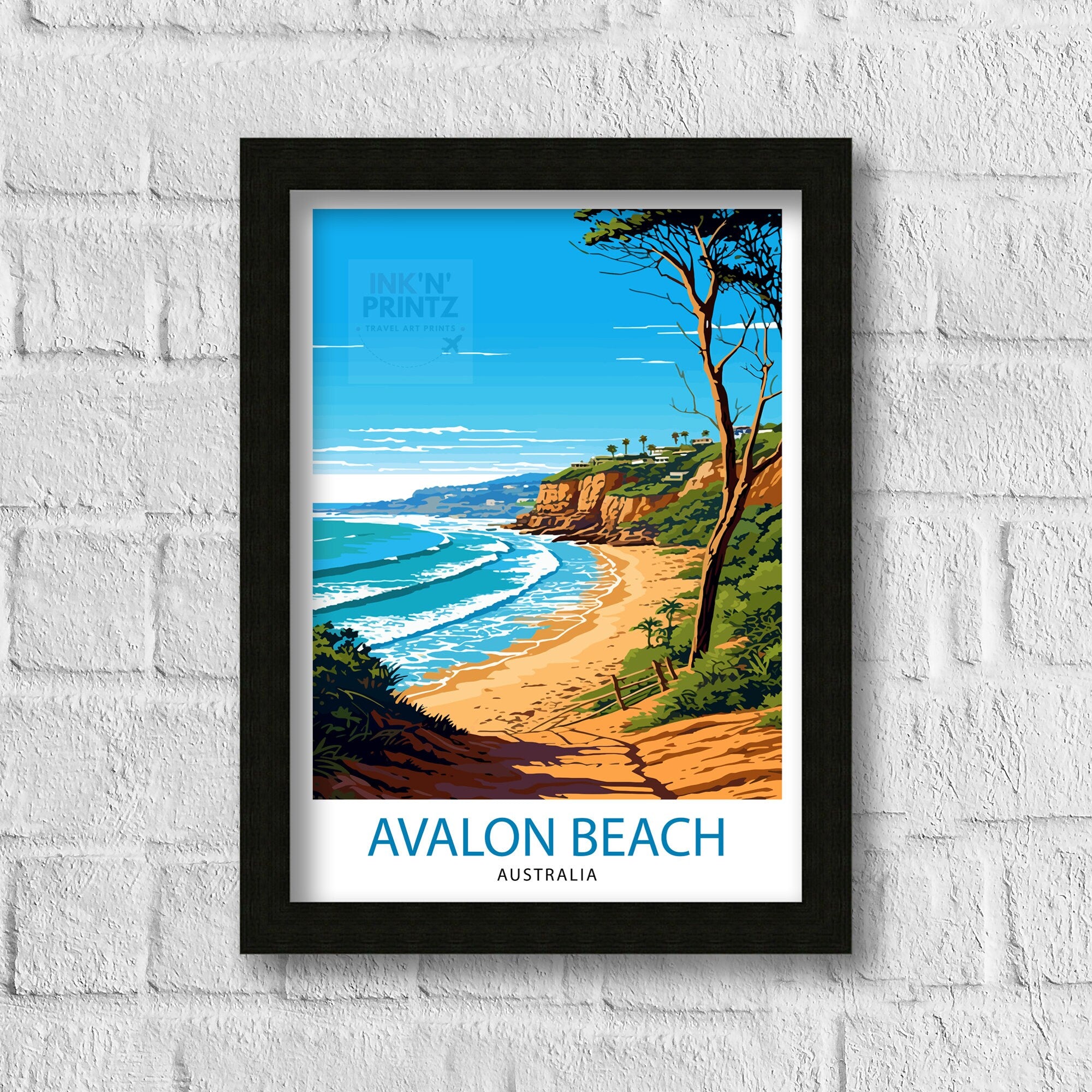 Avalon Beach Australia Travel Print Coastal Wall Decor Avalon Beach Poster Australian Beach Prints Beach Art Print Avalon Beach Illustration