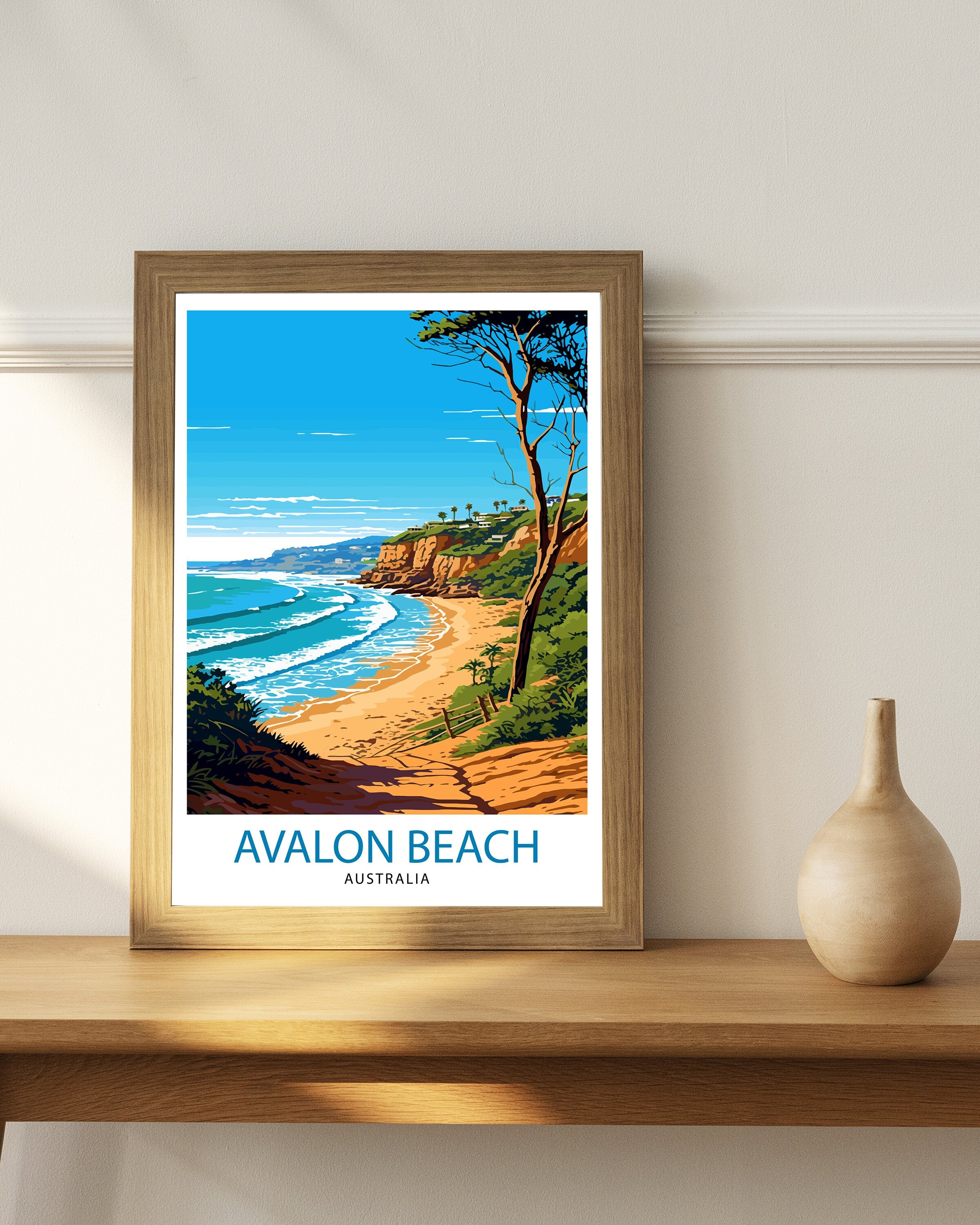 Avalon Beach Australia Travel Print Coastal Wall Decor Avalon Beach Poster Australian Beach Prints Beach Art Print Avalon Beach Illustration