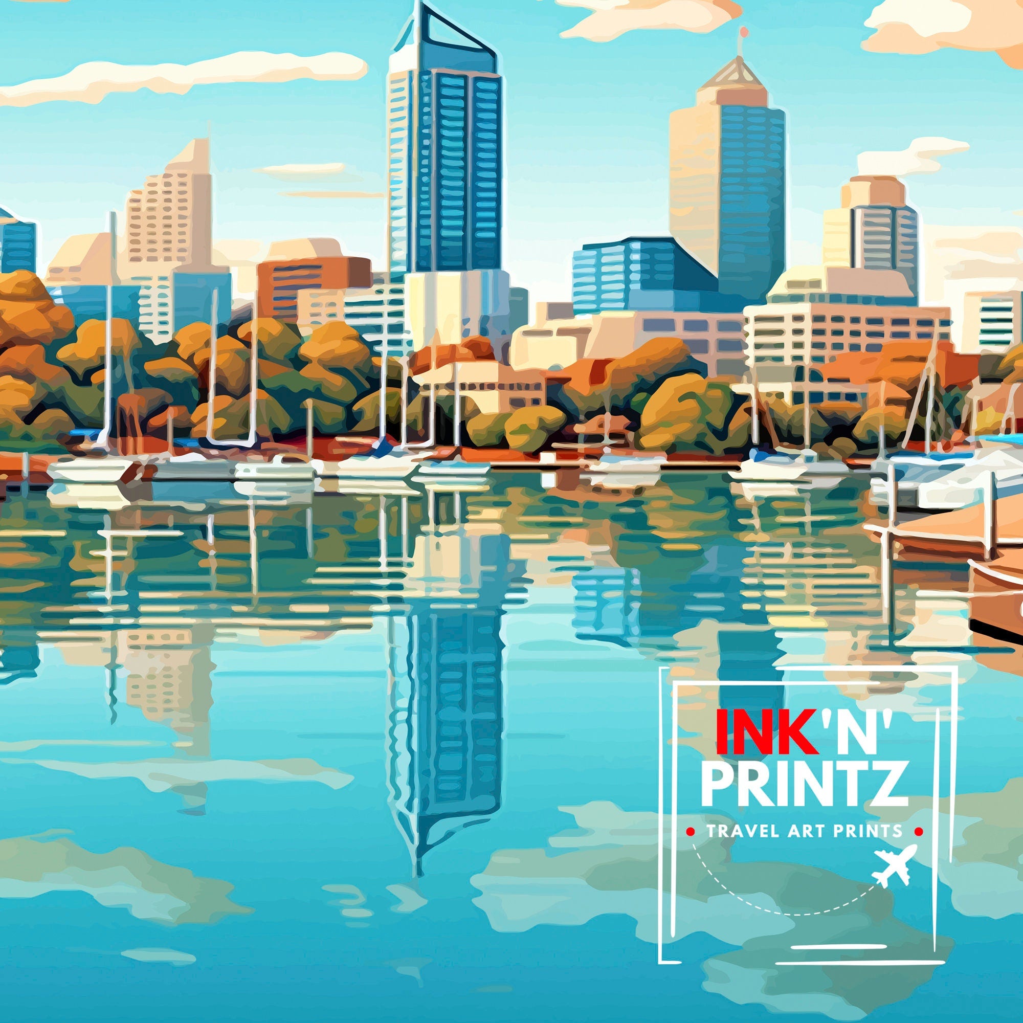 Perth Australia Travel Print Perth Wall Decor Perth Cityscape Poster Australia Travel Prints Perth Art Print Perth Illustration Perth Wall