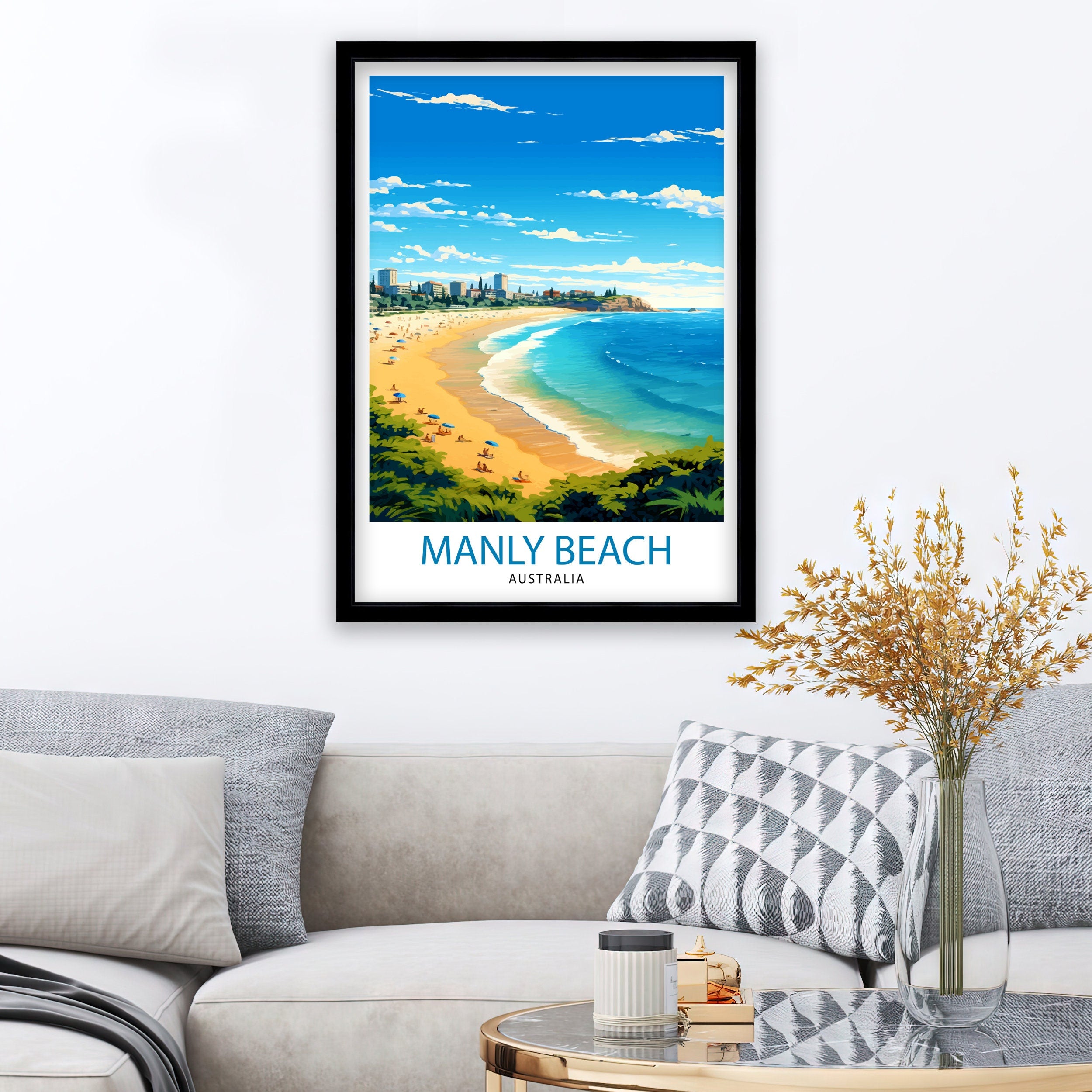 Manly Beach Australia Travel Print Beach Wall Decor Manly Beach Poster Australian Travel Prints Coastal Art Print Manly Beach Illustration
