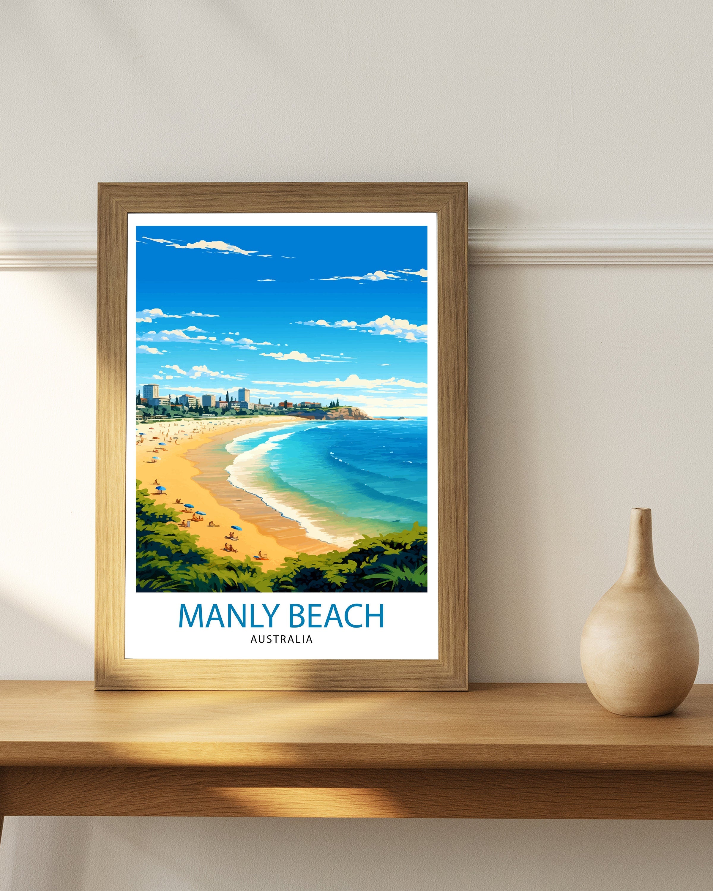 Manly Beach Australia Travel Print Beach Wall Decor Manly Beach Poster Australian Travel Prints Coastal Art Print Manly Beach Illustration